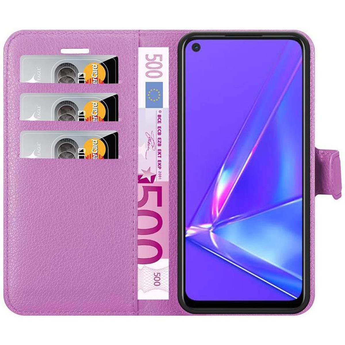 Custodia per telefono viola con slot per carte e denaro. Il telefono mostra un design viola.