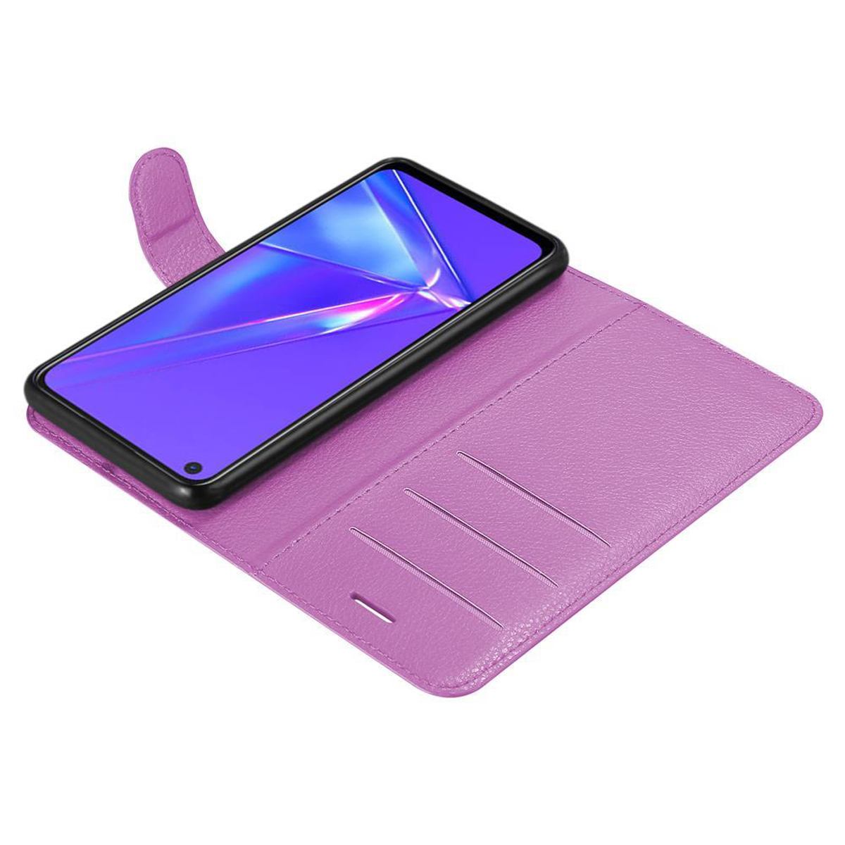 Custodia per telefono, aperta, con un telefono all'interno. La custodia è viola e il telefono è visibile. Include slot per schede.