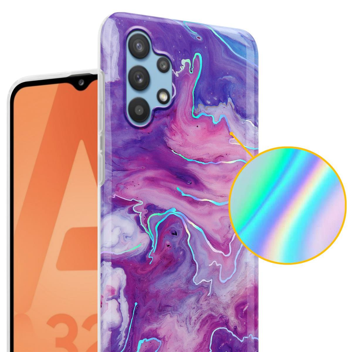 Una custodia per telefono con design a marmo viola e rosa. Viene mostrato un primo piano di un cerchio olografico.