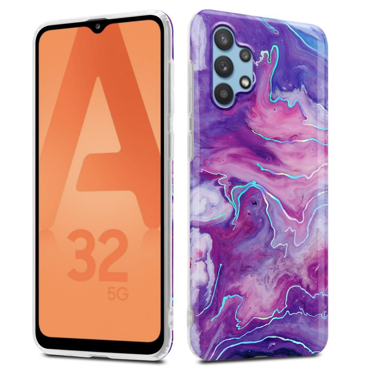Telefono con schermo arancione e custodia in marmo viola. La custodia è progettata per proteggere il telefono.