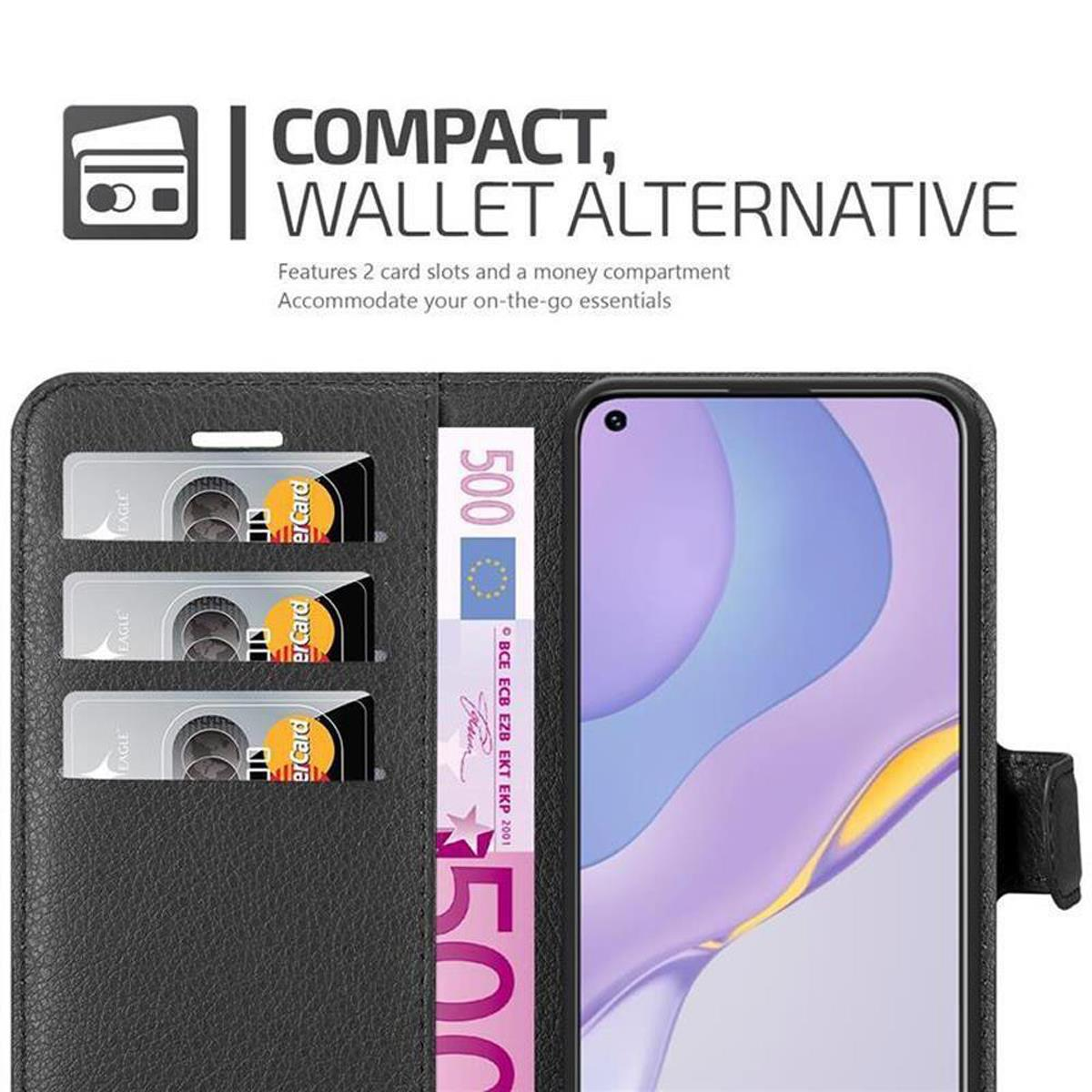 Custodia del telefono aperta con carte e denaro. Testo: 'Compact, Wallet Alternative'. Fessure e denaro visibili.