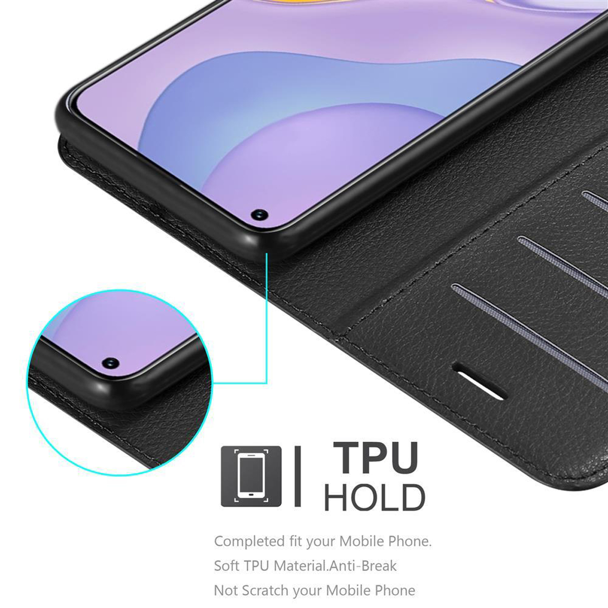 Custodia per telefono nera aperta con un telefono. L'attenzione è sul bordo del telefono. Testo TPU HOLD visibile.