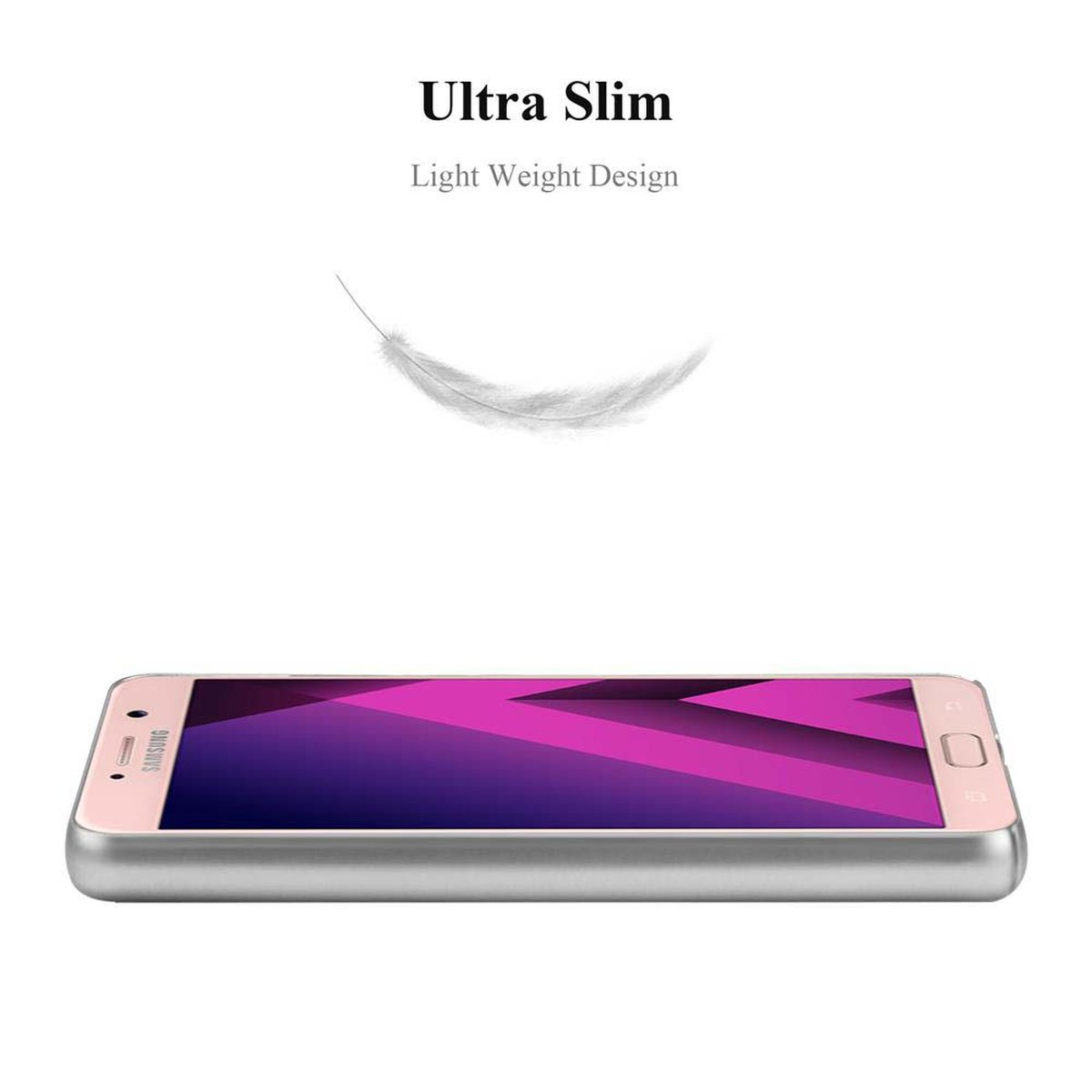 Rosa Telefon liegt flach. Weißer Hintergrund. Text: Ultra Slim, Light Weight Design. Feder-Grafik.