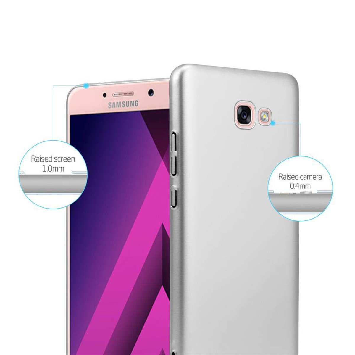 Ein silbernes Telefon wird mit erhöhtem Bildschirm und Kamera gezeigt. Das Telefon ist in einer rosa-silbernen Hülle.