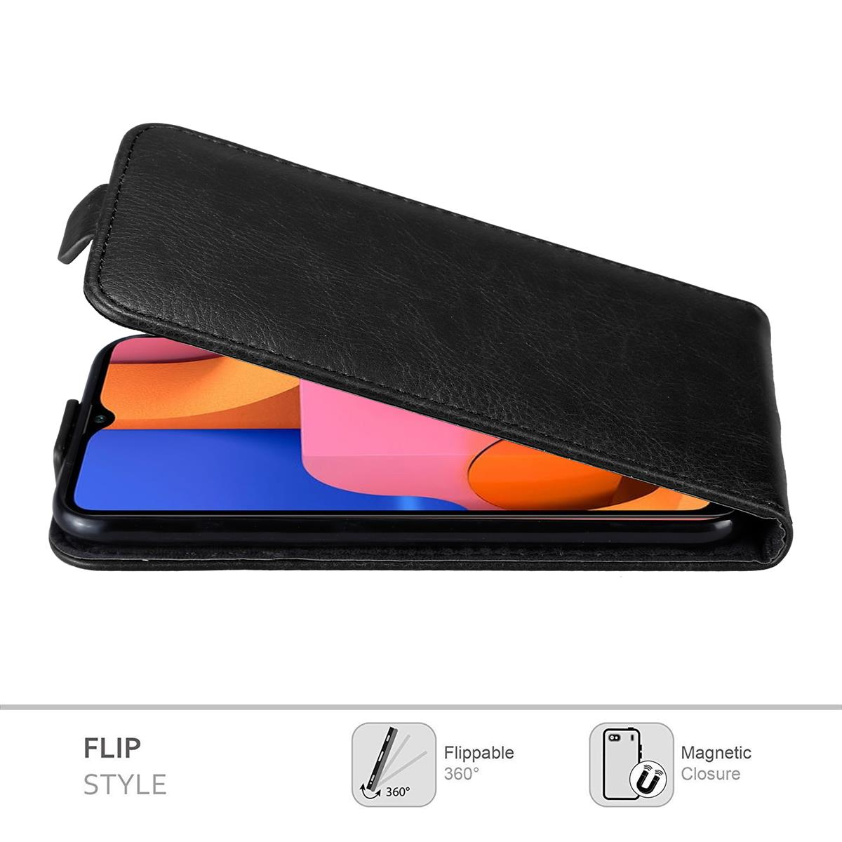 Custodia nera aperta, mostra lo schermo. Stile a flip e chiusura magnetica.