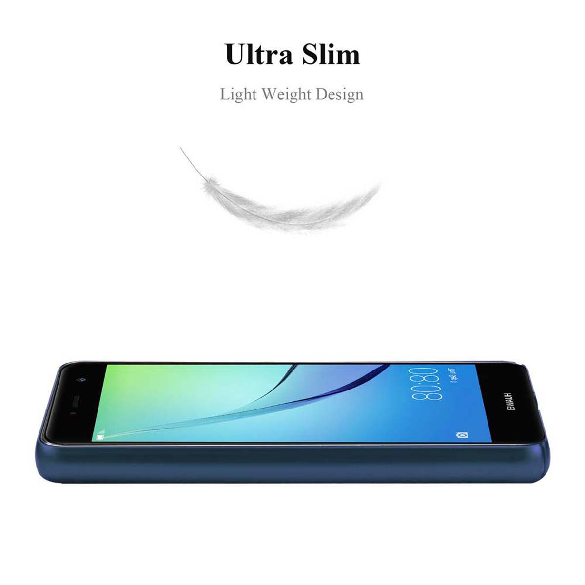 Custodia blu per telefono su una superficie bianca. Una piuma fluttua sopra il telefono.