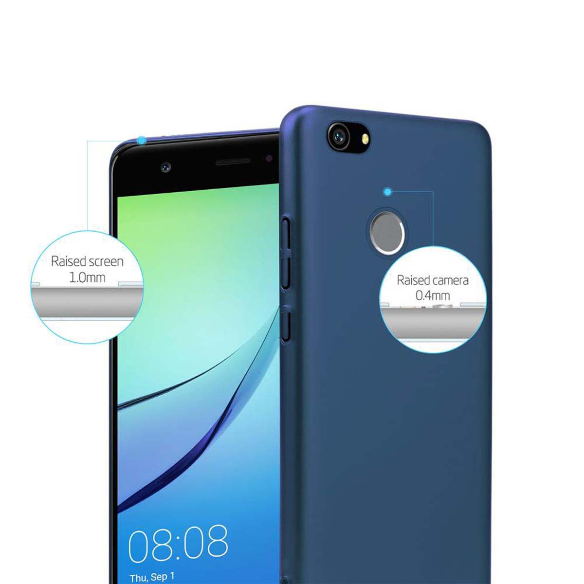 Telefono e custodia blu. Lo schermo rialzato è 1,0 mm. La fotocamera rialzata è 0,4 mm. L'ora è 08:08.