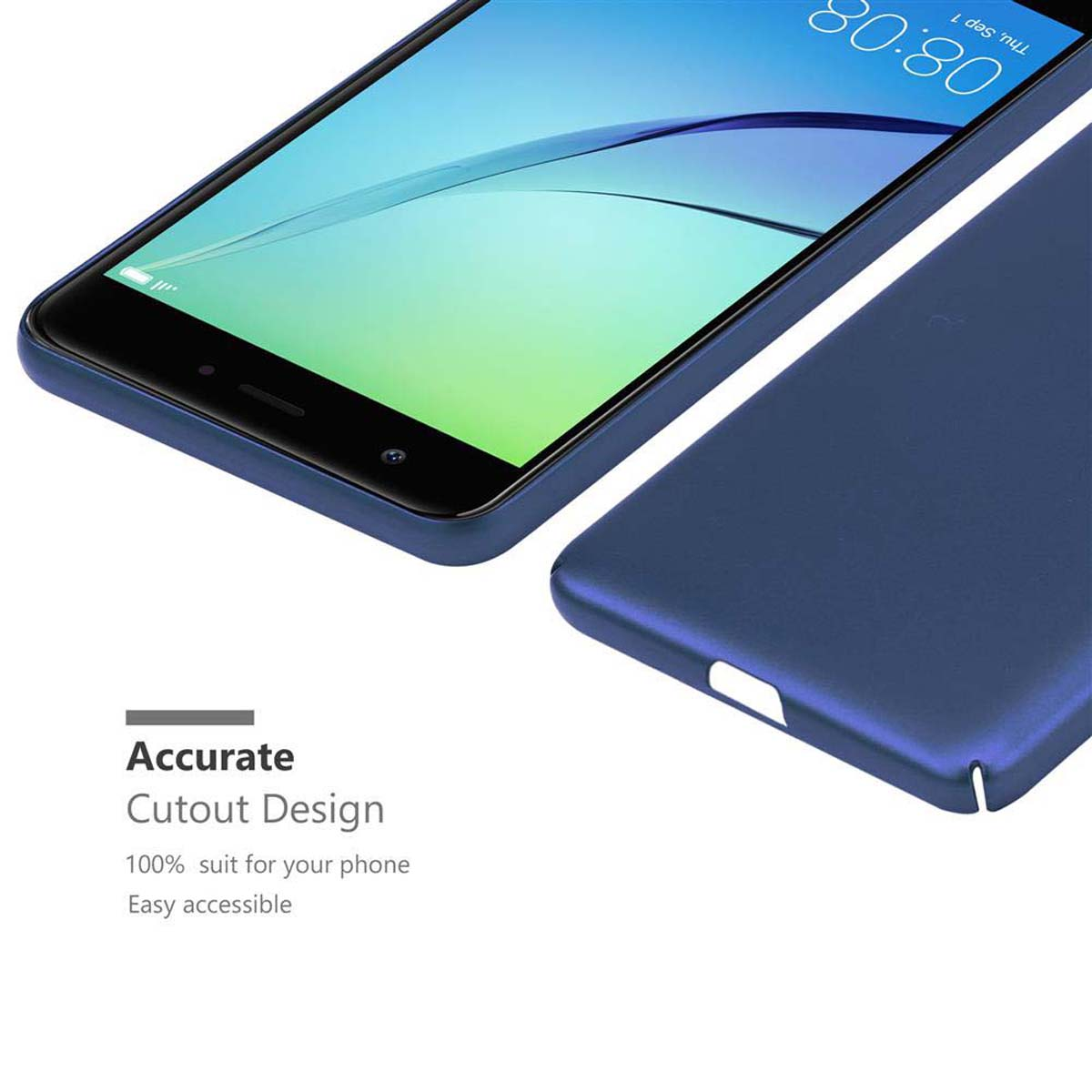 Custodia per telefono blu e telefono. Il telefono ha una custodia blu. Il testo dice Design di ritaglio accurato.