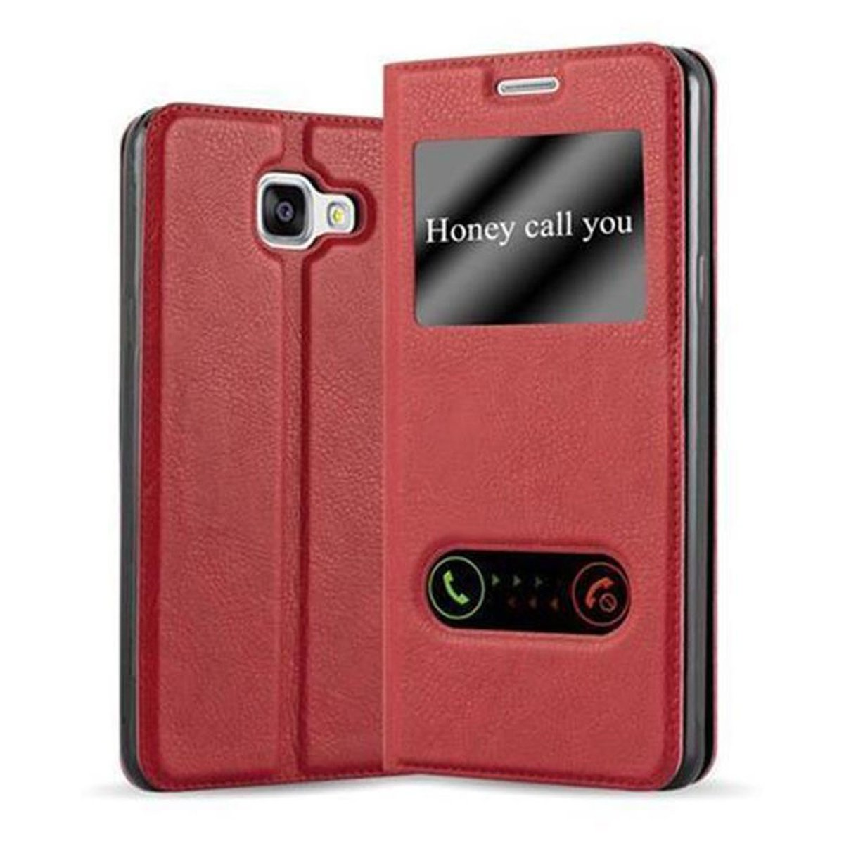 Funda de teléfono roja abierta, con el teléfono mostrando una pantalla de llamada. Texto en pantalla: "Honey call you".