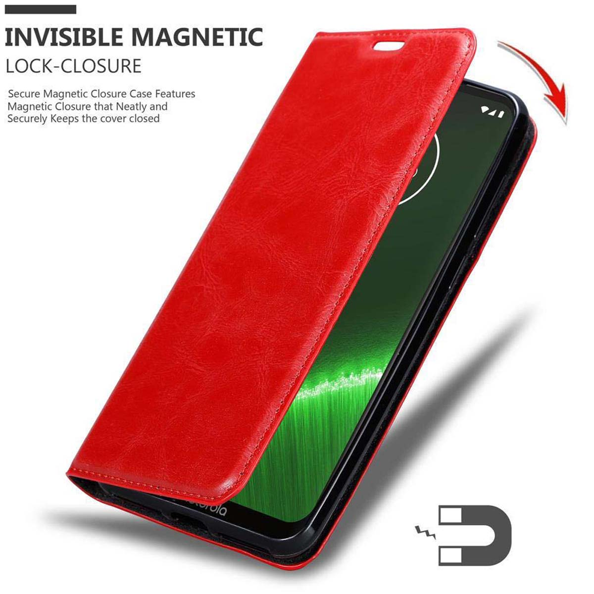 Custodia rossa aperta, rivela un telefono. Chiusura magnetica mostrata con freccia e simbolo del magnete.