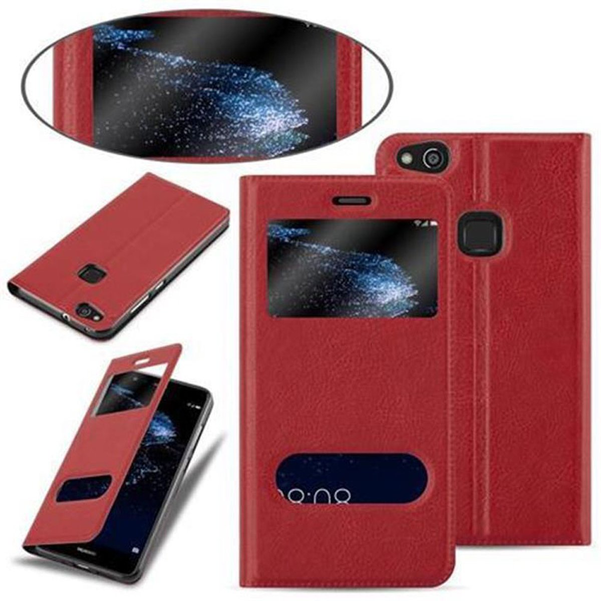 Custodia per telefono rossa con finestra sullo schermo. Molteplici viste della custodia, telefono all'interno e custodia aperta.