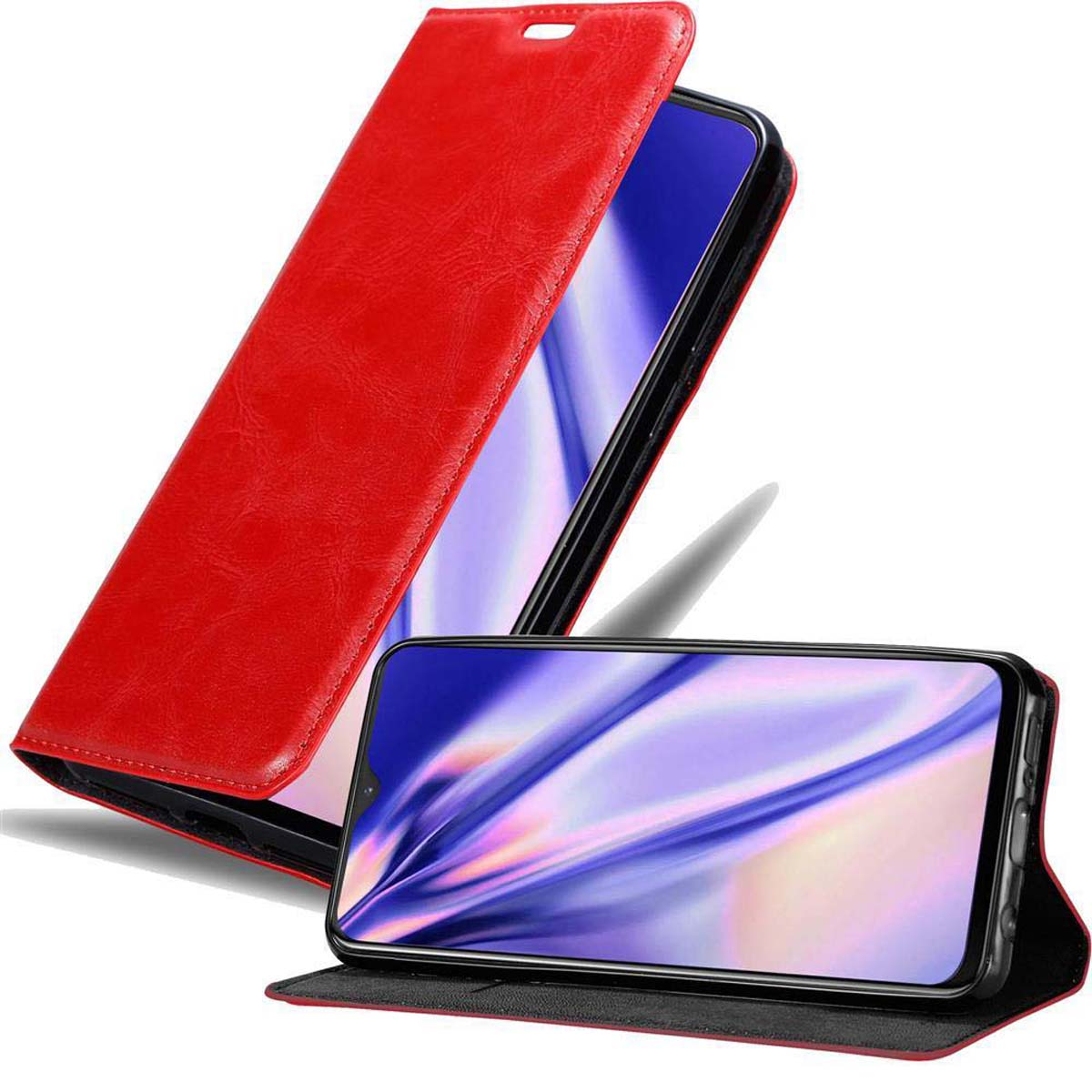 Due telefoni in una custodia in pelle rossa. Uno è aperto, l'altro è dentro. Quello aperto mostra un display blu.