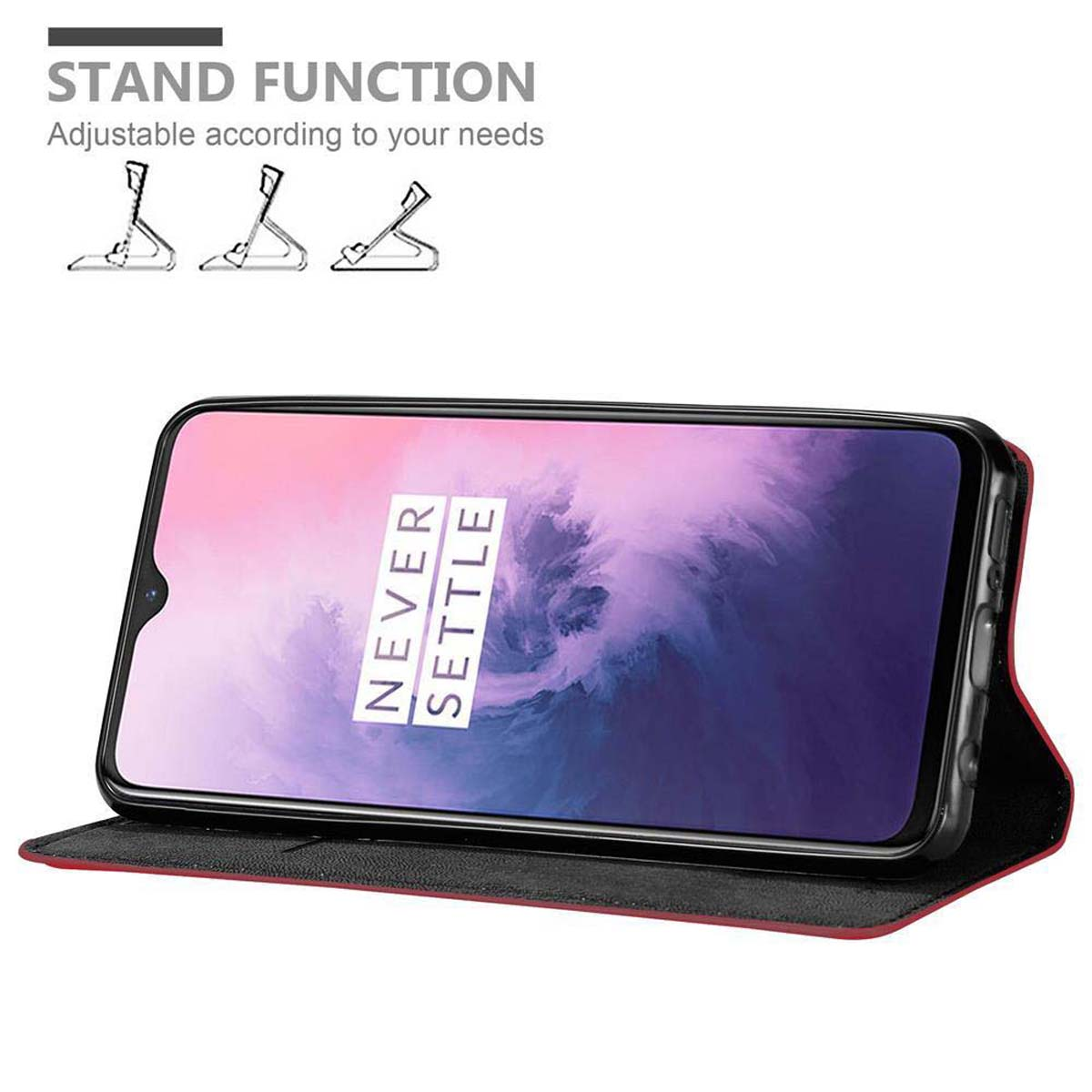 Telefono nero su supporto. Funzione stand. Copertura rossa e nera. Sfondo bianco con testo.