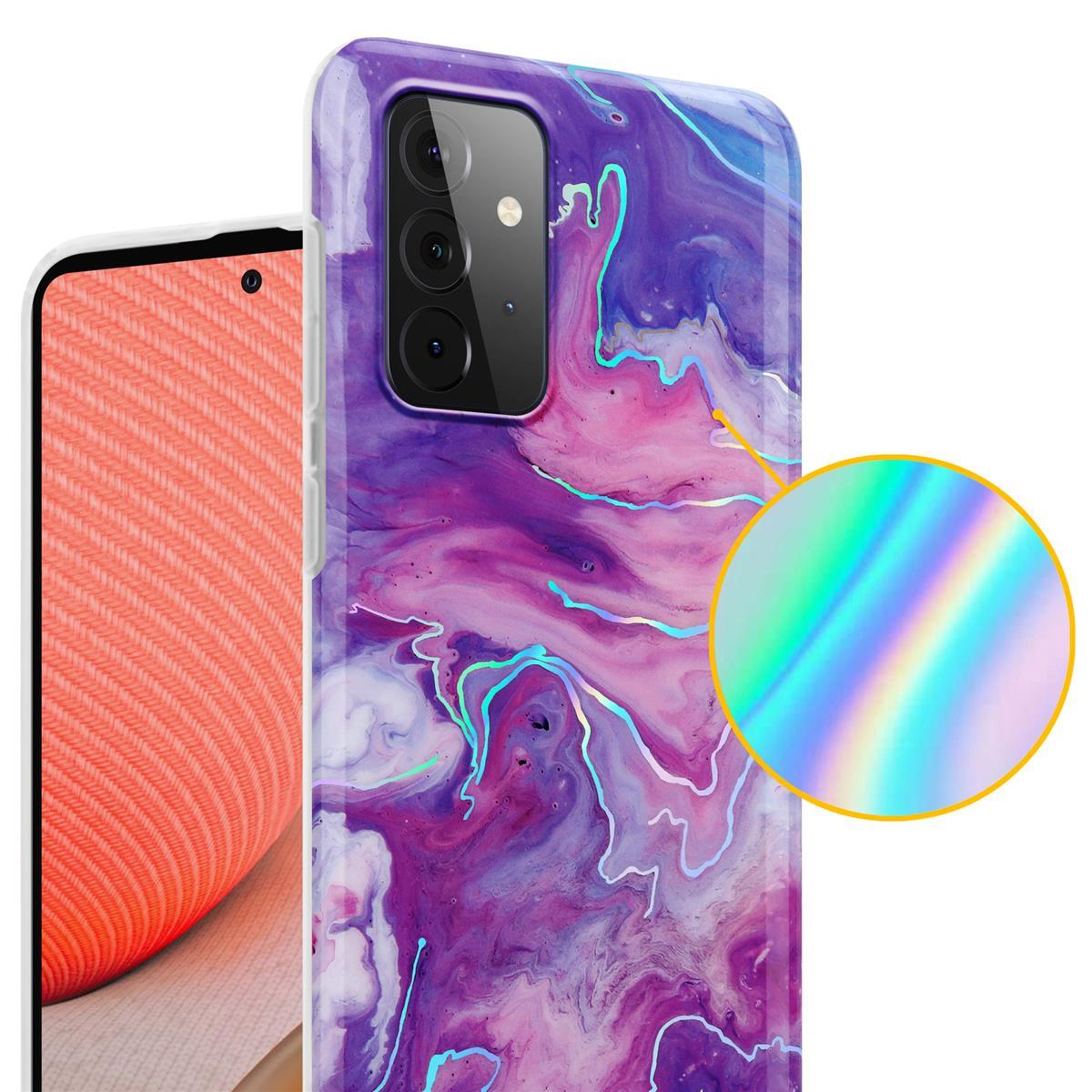 Custodia per telefono con motivo marmorizzato viola e rosa, con una vista ravvicinata di un telefono.