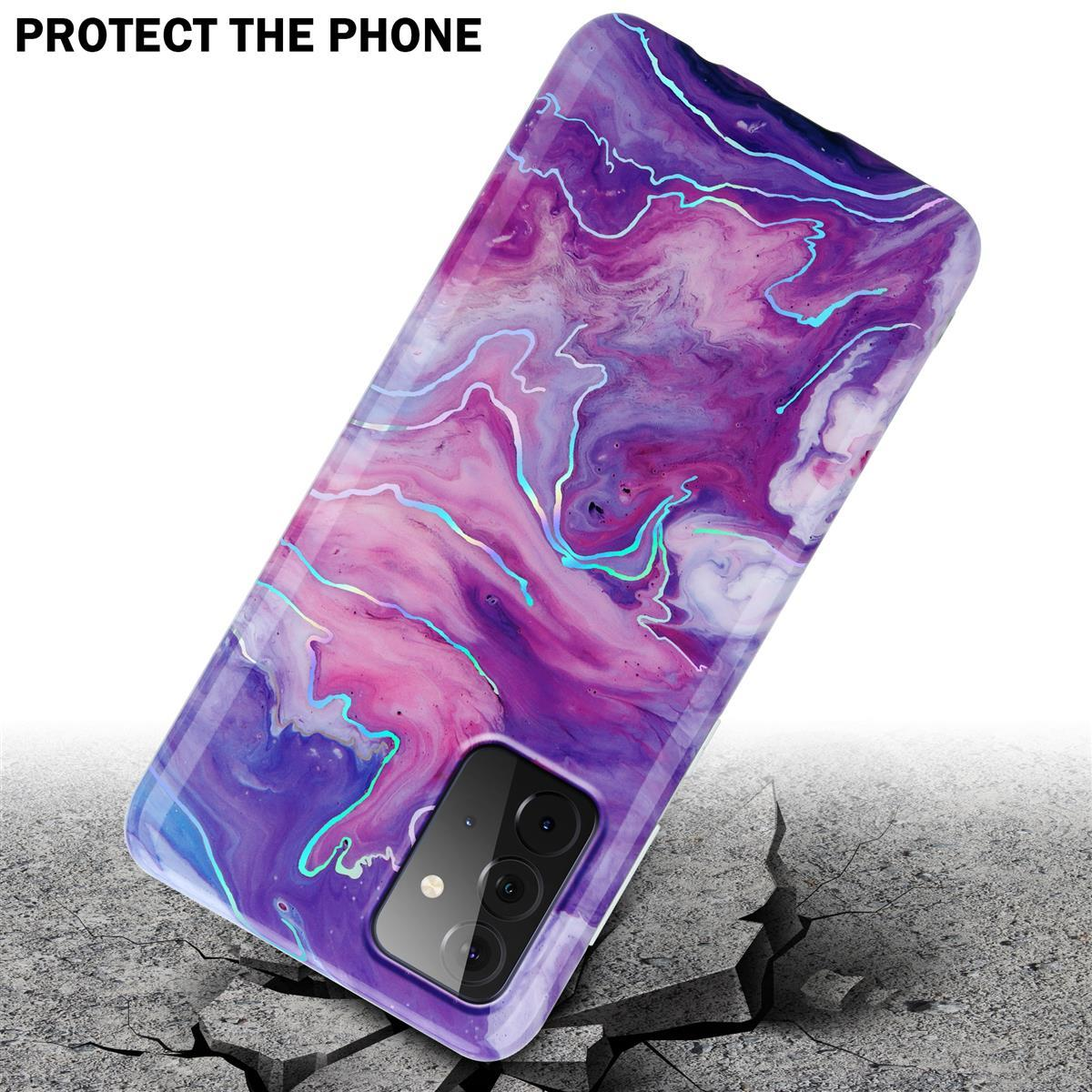 Custodia per telefono viola con un design marmorizzato. La custodia è su una superficie crepata.