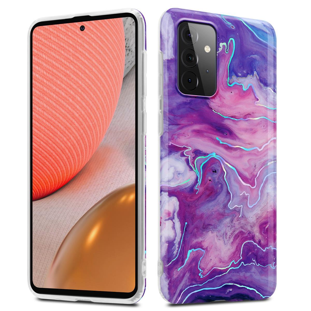 Due custodie per telefono. Quella a sinistra ha un retro corallo, quella a destra un design marmorizzato viola.