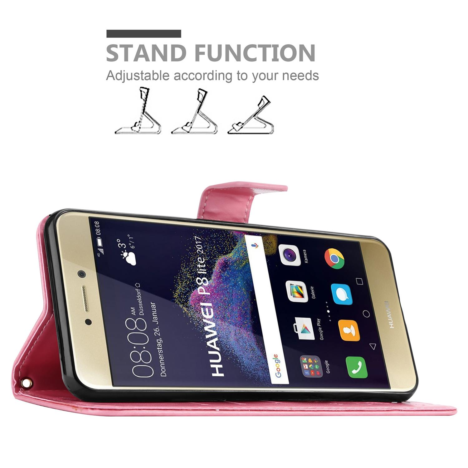 Custodia rosa in posizione stand, che tiene un telefono. Schermo mostra ora e data e barra di ricerca Google.