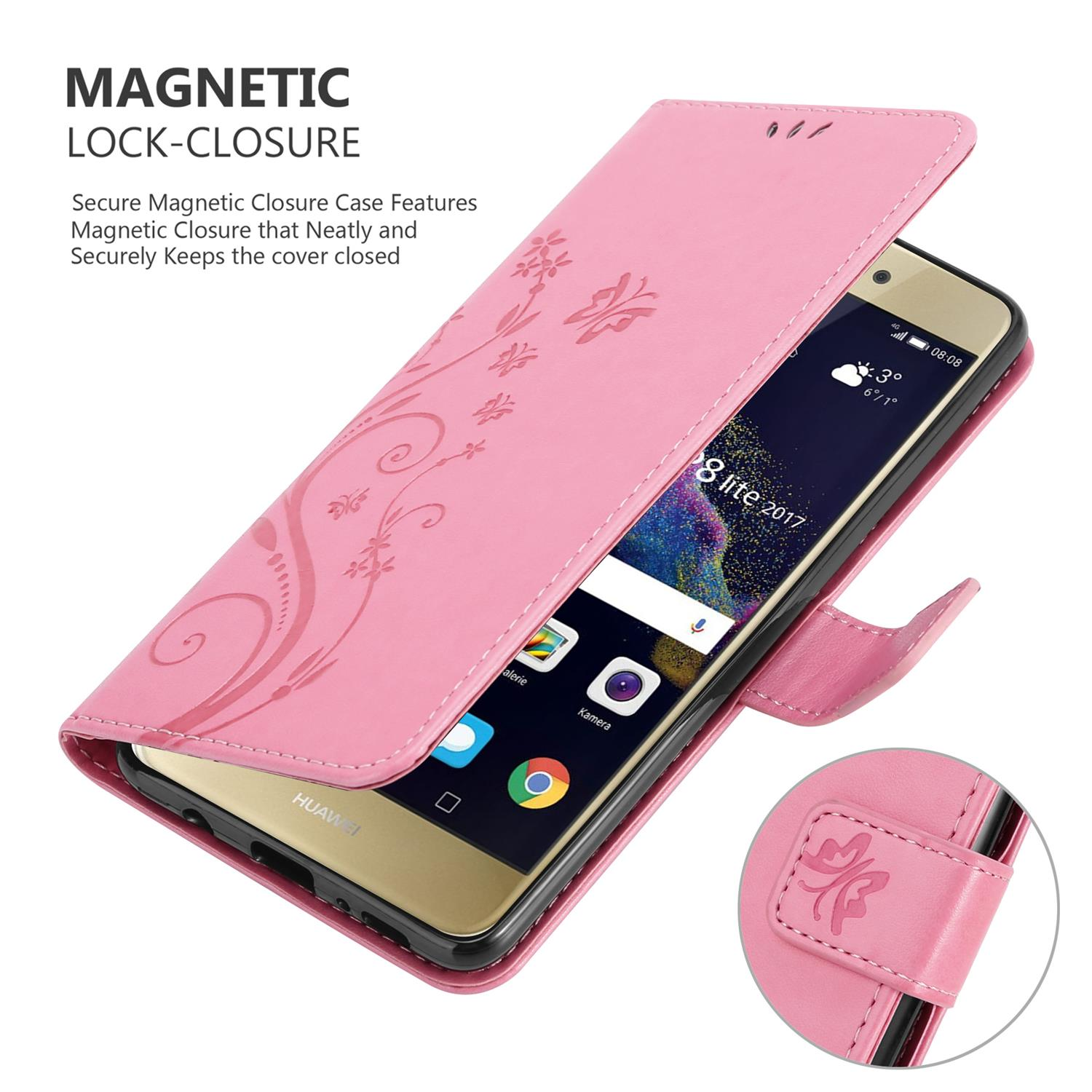 Custodia rosa per telefono con design floreale. C'è un telefono Huawei all'interno. Custodia con chiusura magnetica.