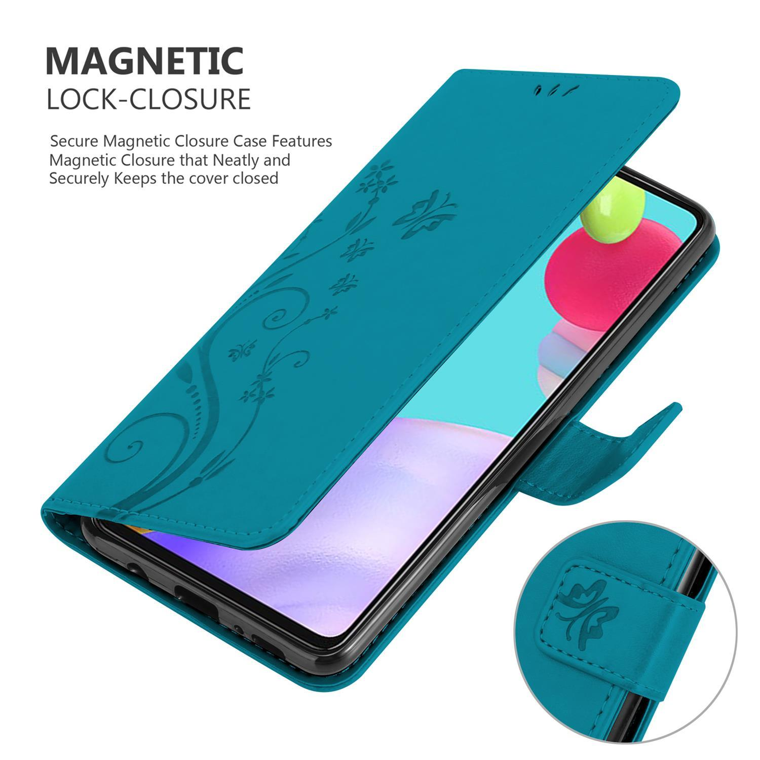 Eine türkisfarbene Handyhülle mit floralem Design ist geöffnet und zeigt den Bildschirm des Telefons. Ein Magnetverschluss ist sichtbar.