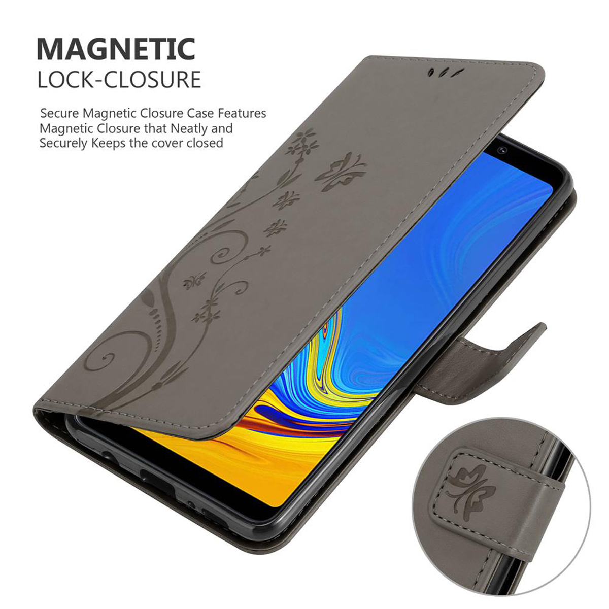 Un telefono in una custodia grigia, la custodia è aperta e lo schermo del telefono è visibile.
