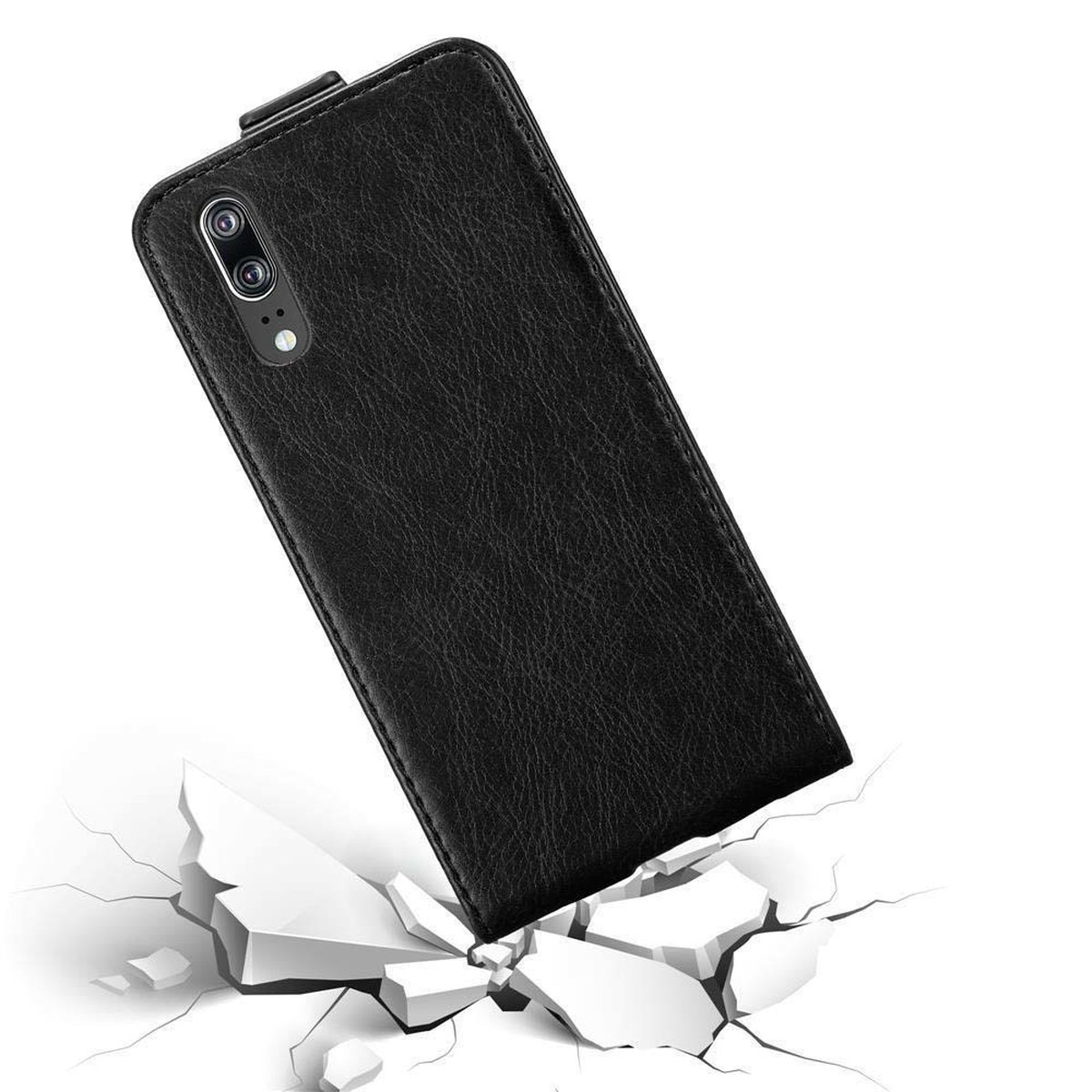 Custodia per telefono nera, chiusa, inclinata, che mostra una superficie incrinata sottostante.