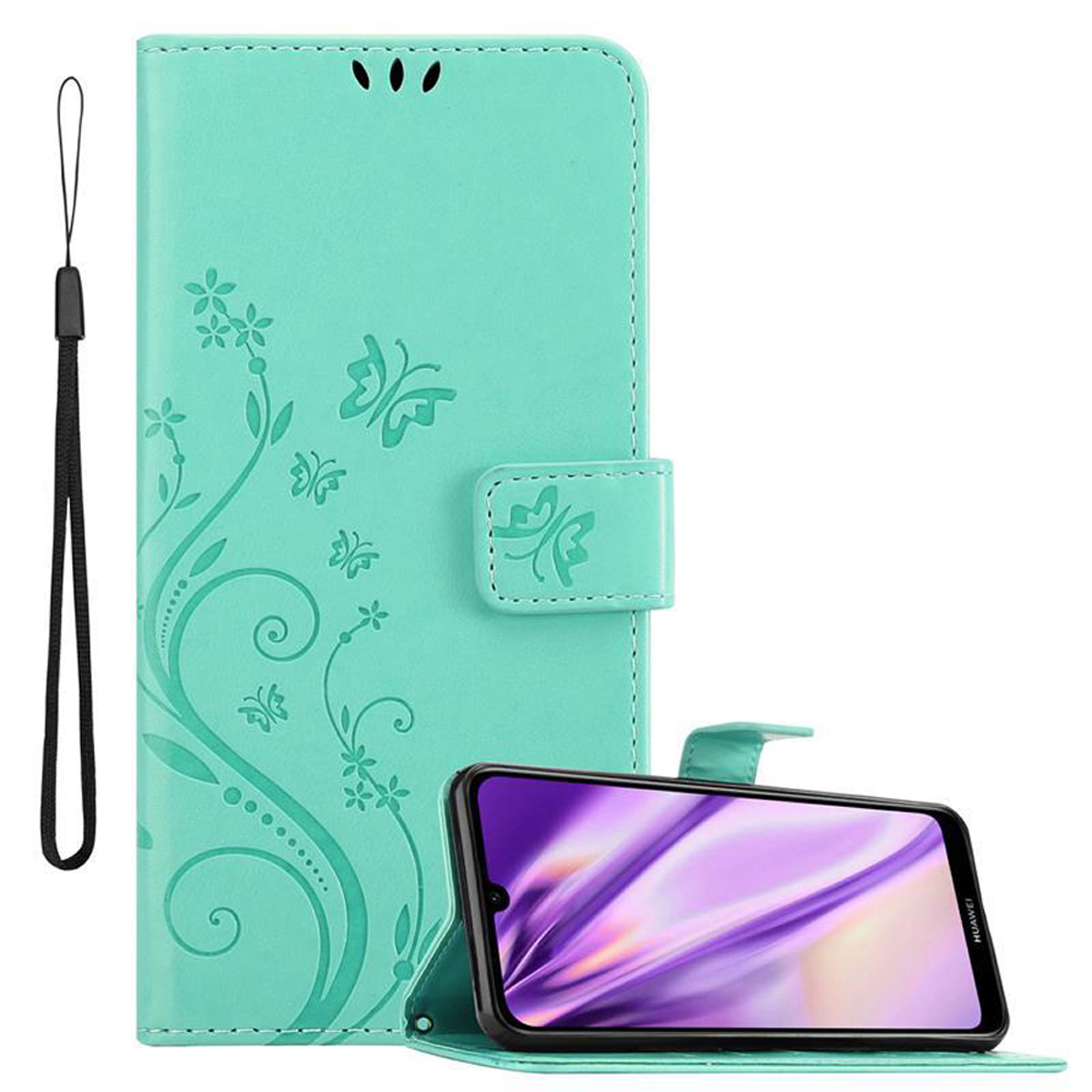 TÜRKIS Flower Huawei, Muster Hülle 2019, Y6 Case, Blumen Bookcover, FLORAL CADORABO