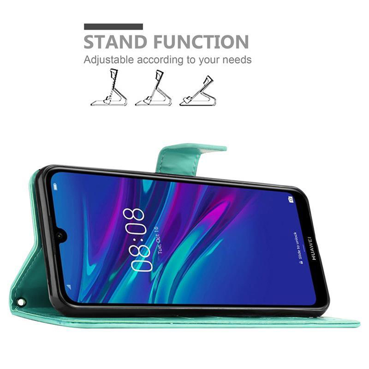Custodia per telefono verde con telefono all'interno. Lo schermo mostra l'ora. La custodia è aperta.