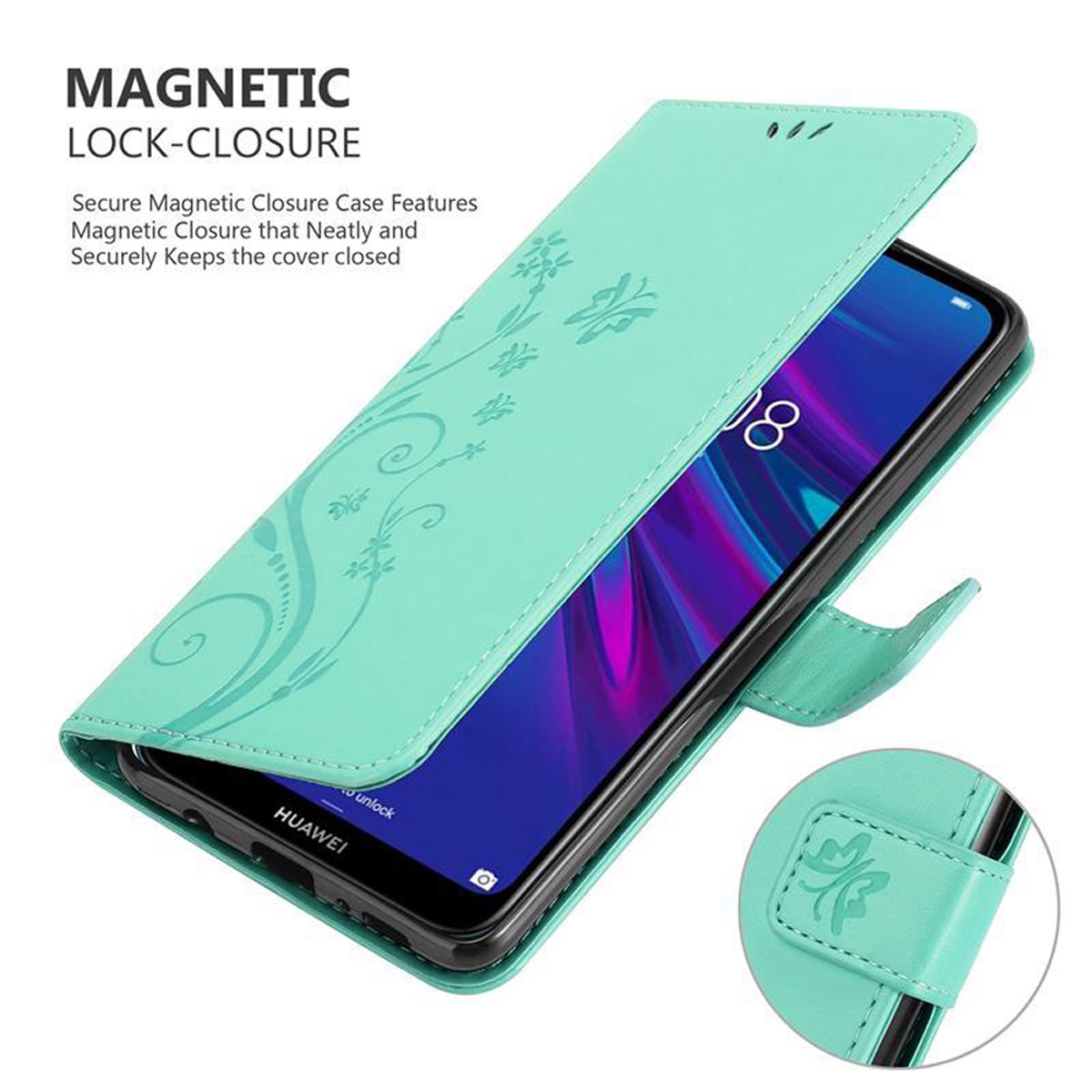 Custodia a portafoglio verde aperta, che mostra un telefono con design floreale e chiusura magnetica.