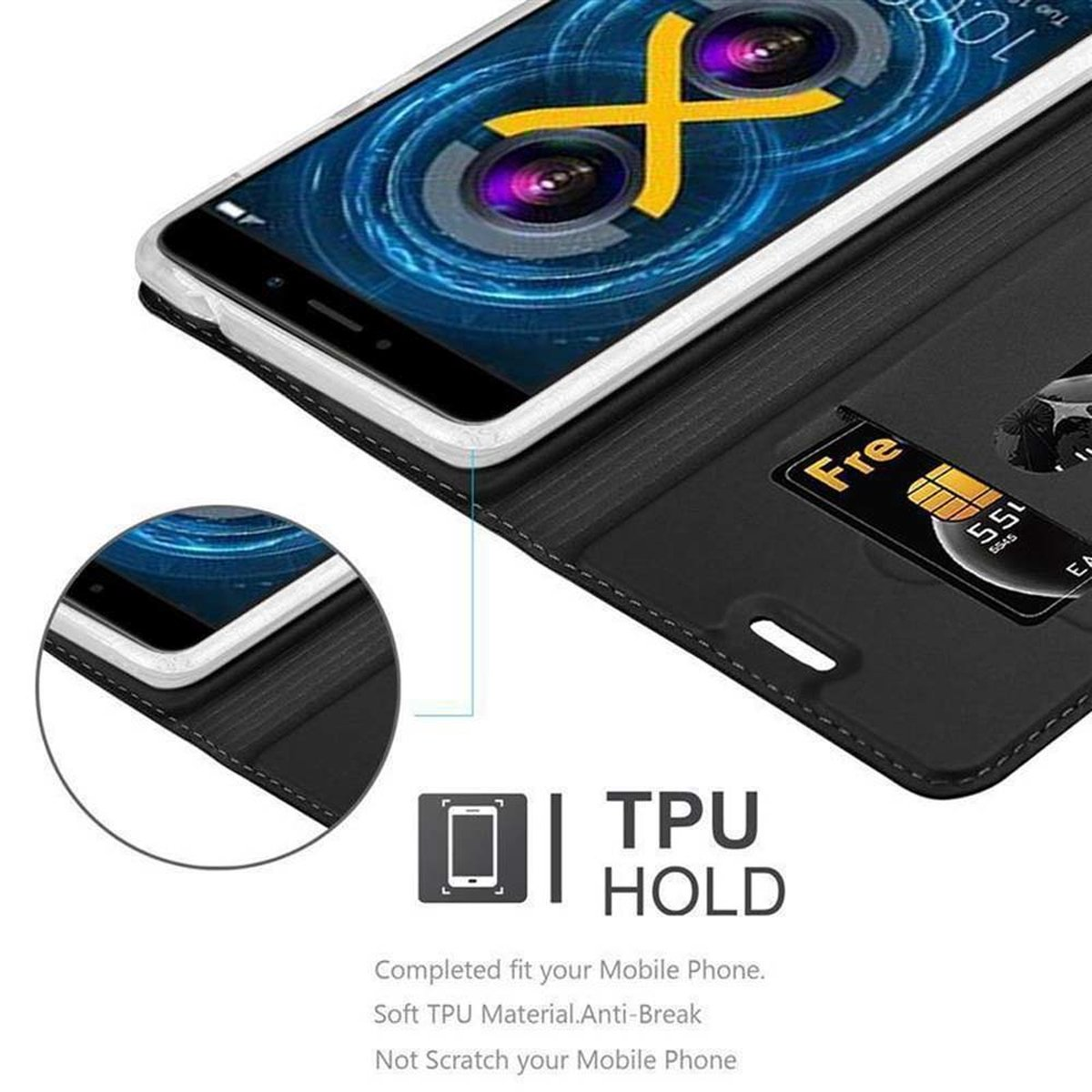 Eine schwarze Handyhülle mit einem Telefon und einer Kreditkarte, mit TPU-Halterung und anderen Details.