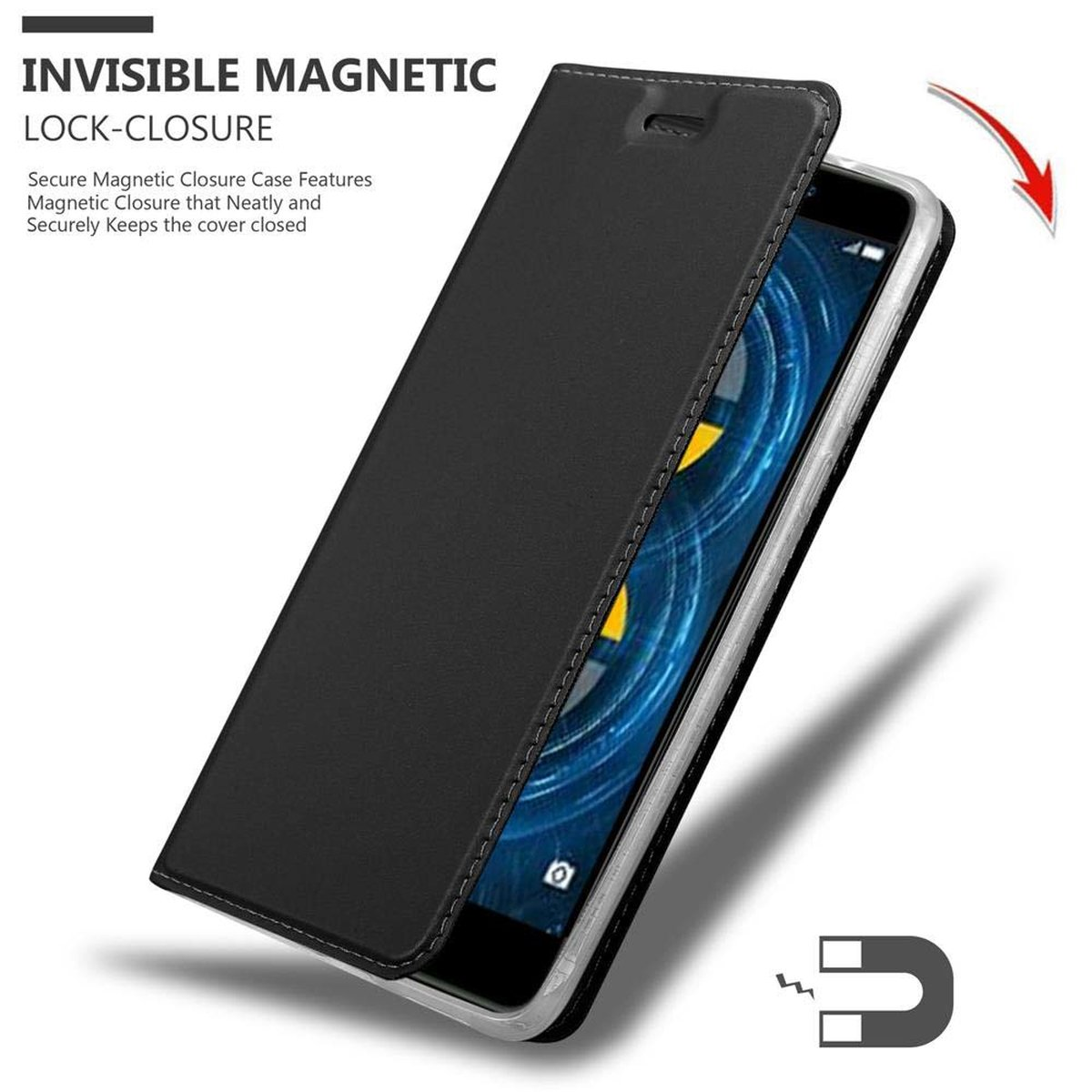 Schwarze Handyhülle mit Magnetverschluss. Das Telefon befindet sich darin. Text: Unsichtbarer Magnetverschluss.