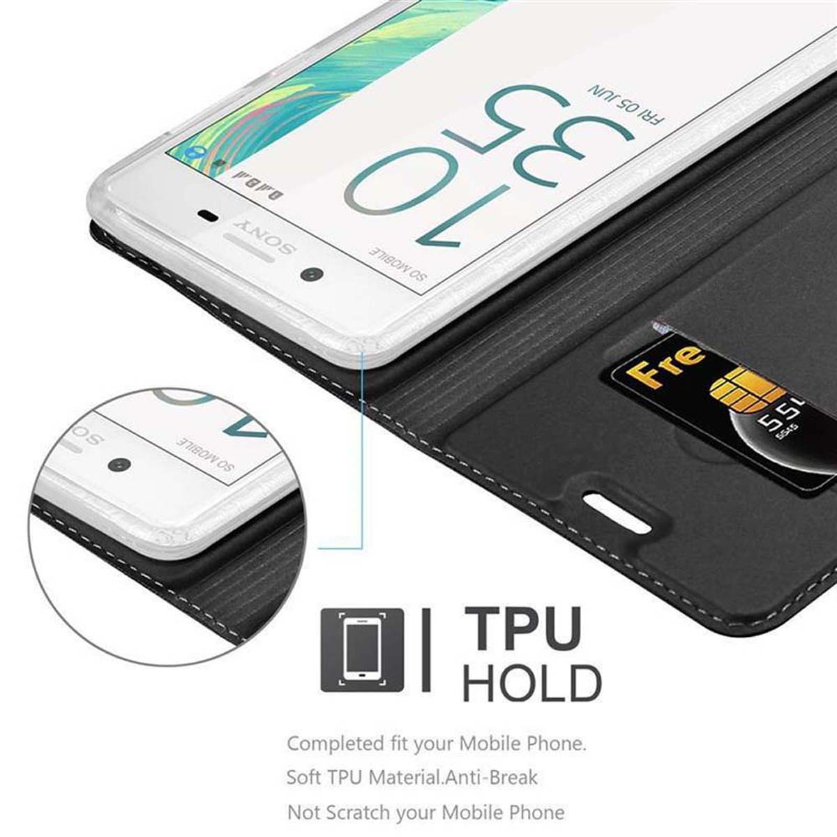 Custodia nera aperta con telefono bianco. SIM visibile. Supporto TPU.
