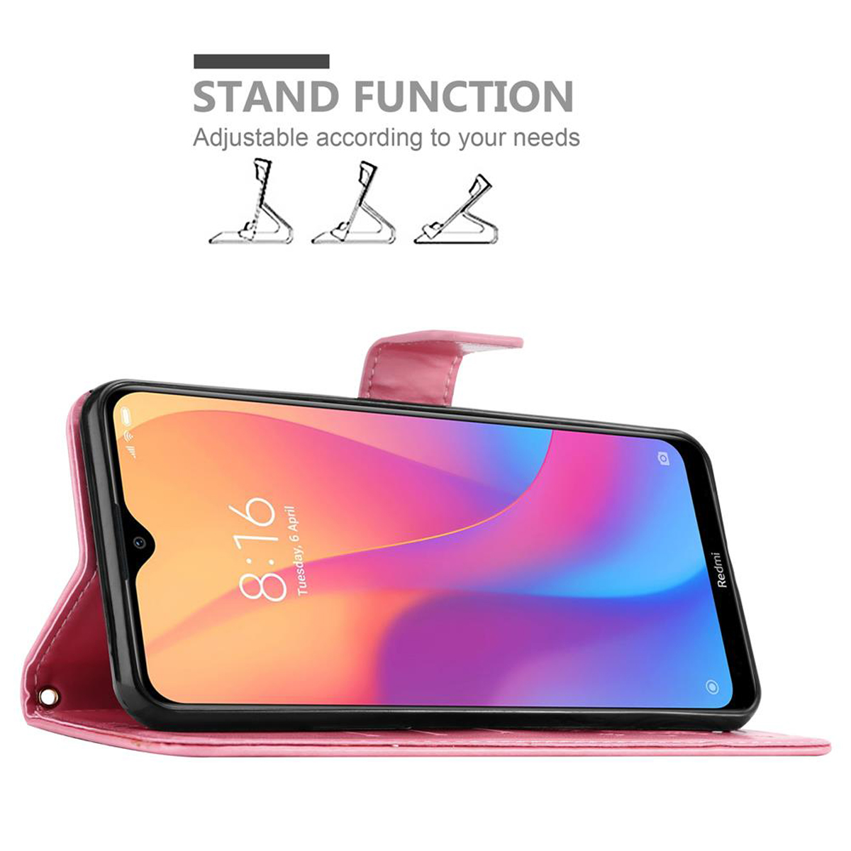 Rosa Handyhülle mit Telefon, Bildschirm zeigt Zeit. Text: 'STAND FUNCTION' und Diagramme von Ständern.