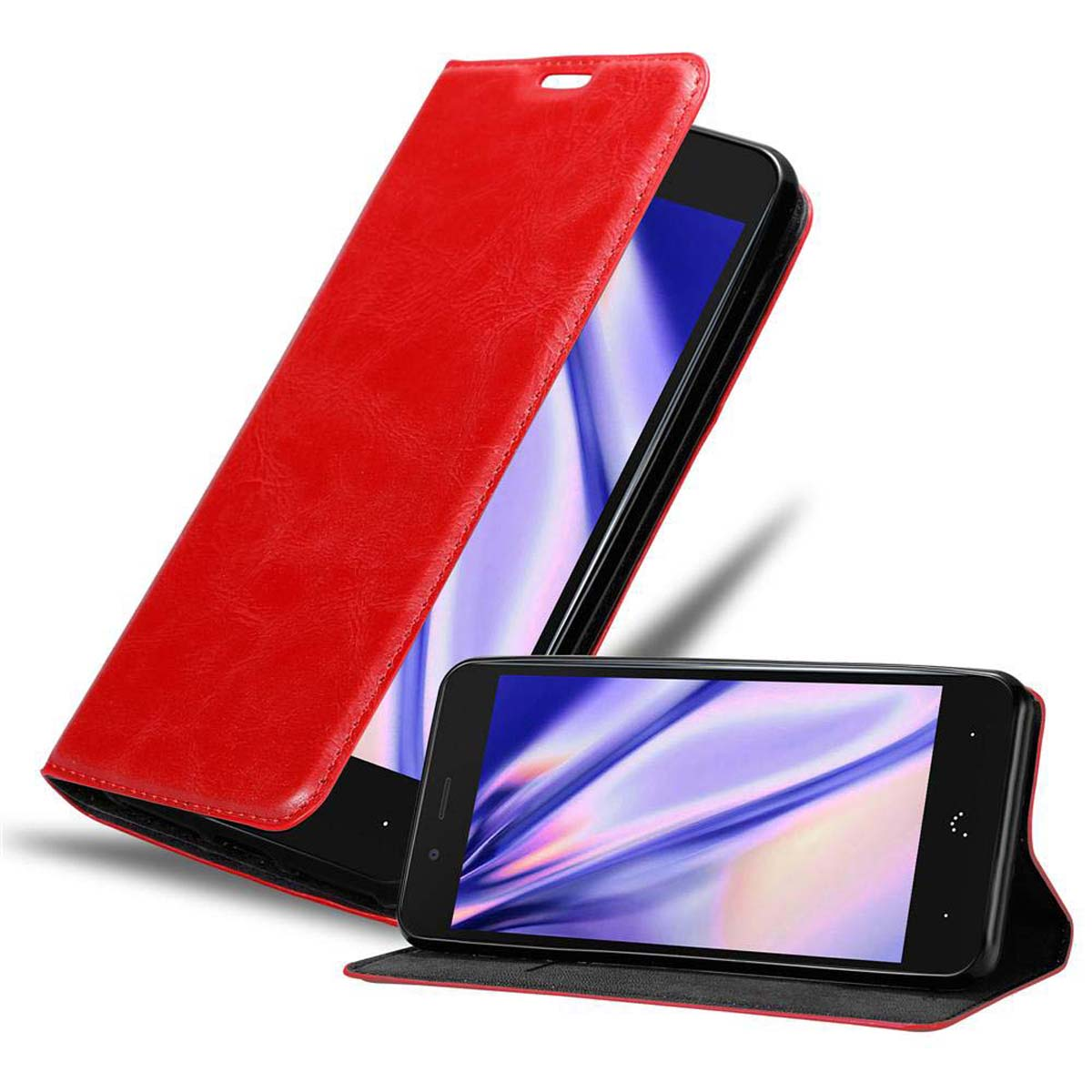 Funda de cuero roja para teléfono con un teléfono abierto que muestra una imagen púrpura.