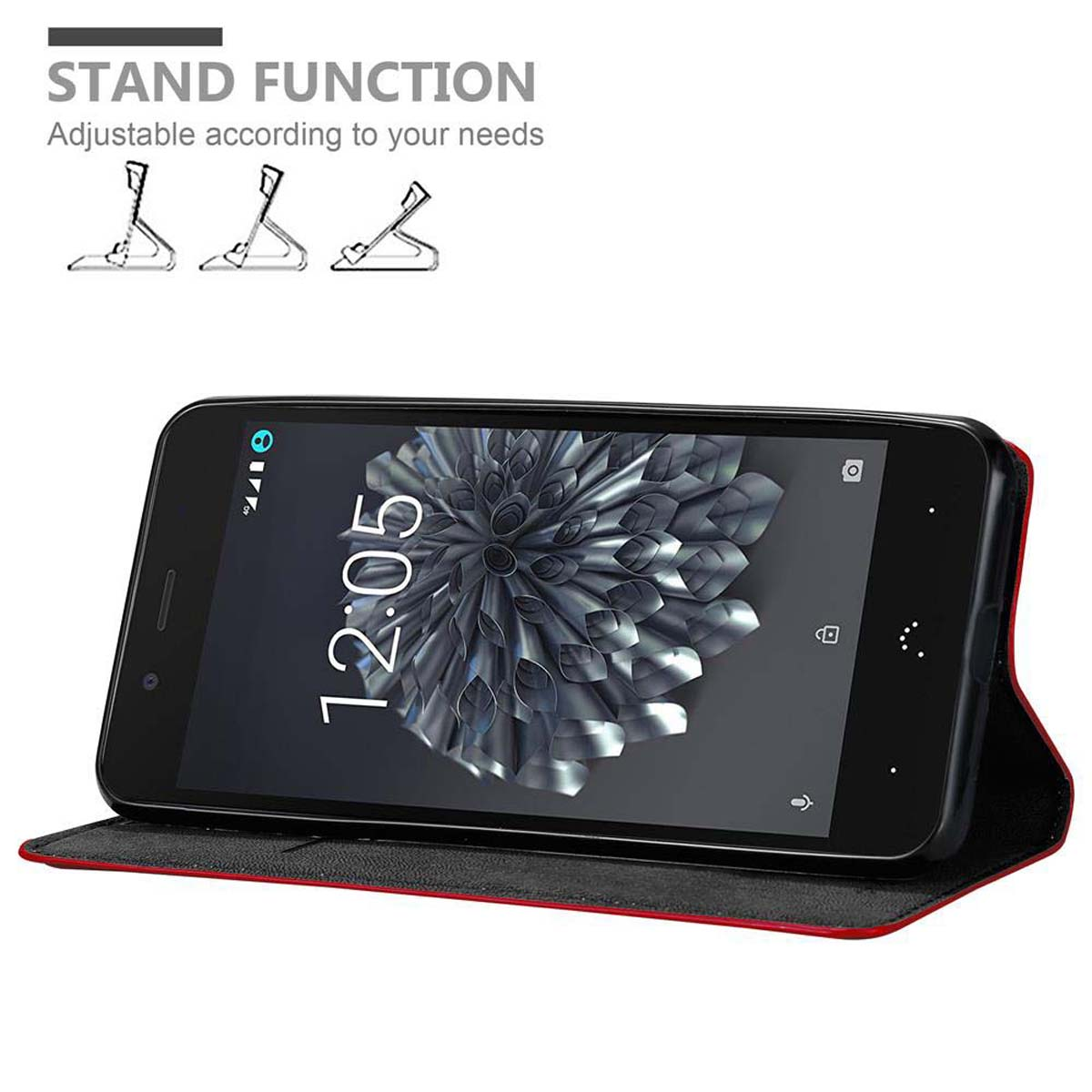 Funda de teléfono con un teléfono dentro. El texto 'Stand function' es visible. El teléfono muestra la hora.