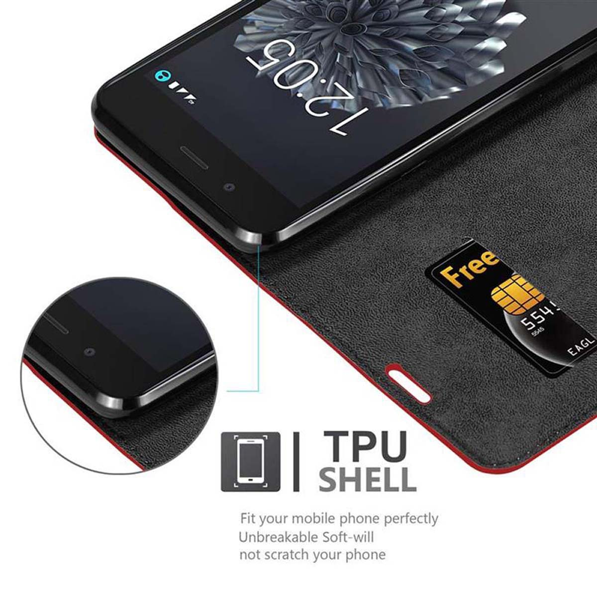 Teléfono negro en funda negra con tarjeta. La funda está abierta. Interior rojo y carcasa TPU.