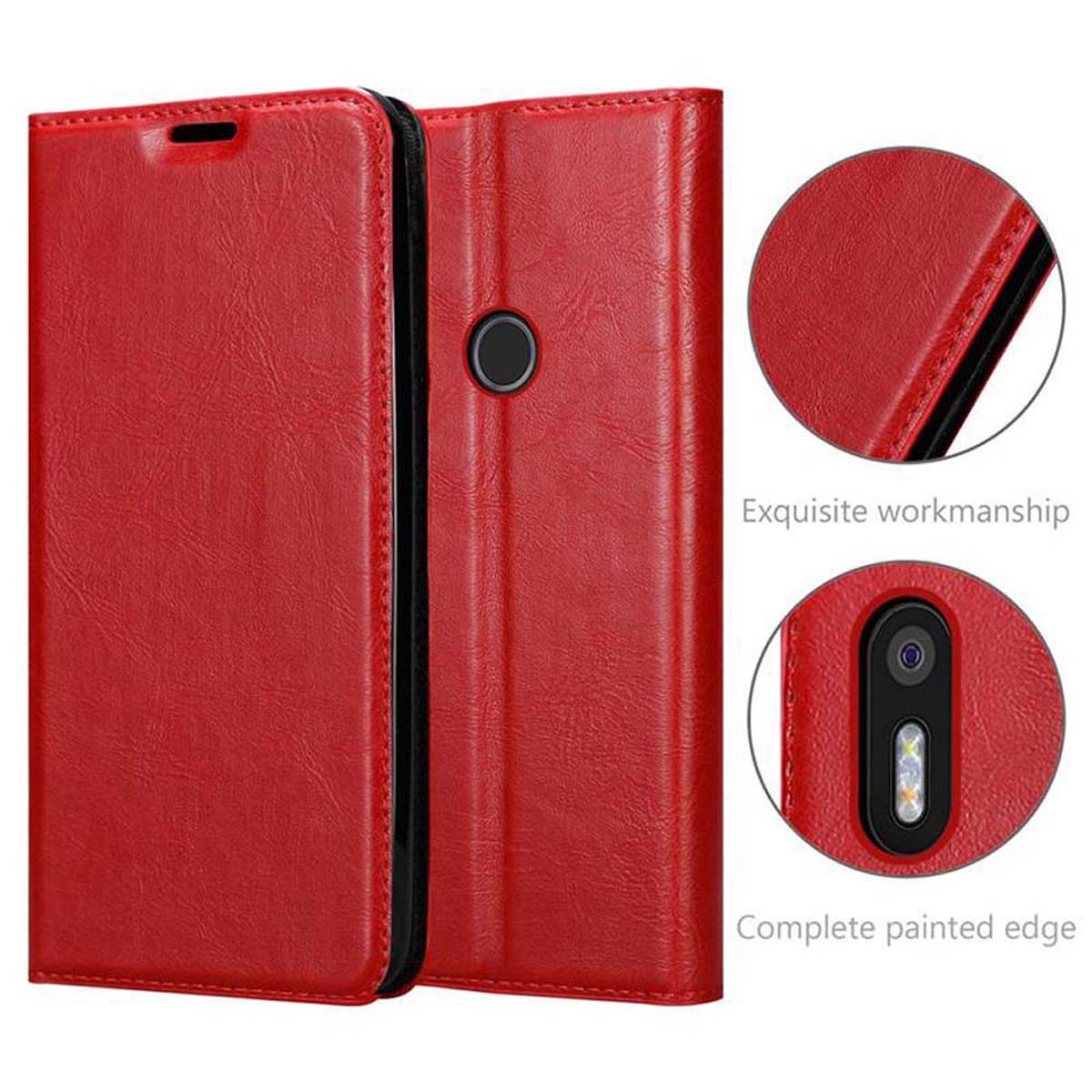 Funda roja, cerrada y abierta. Detalles del diseño, incluyendo la parte trasera y cámara.