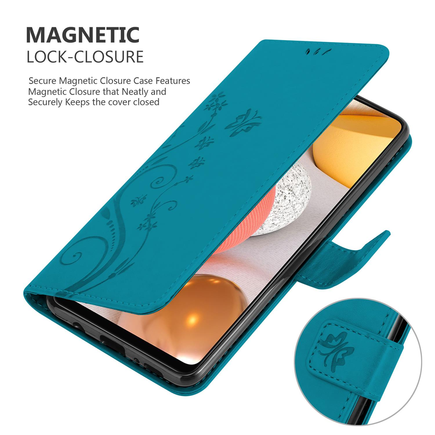 Una custodia per telefono color verde acqua con un design floreale aperto, che mostra un telefono con sfondo dorato.
