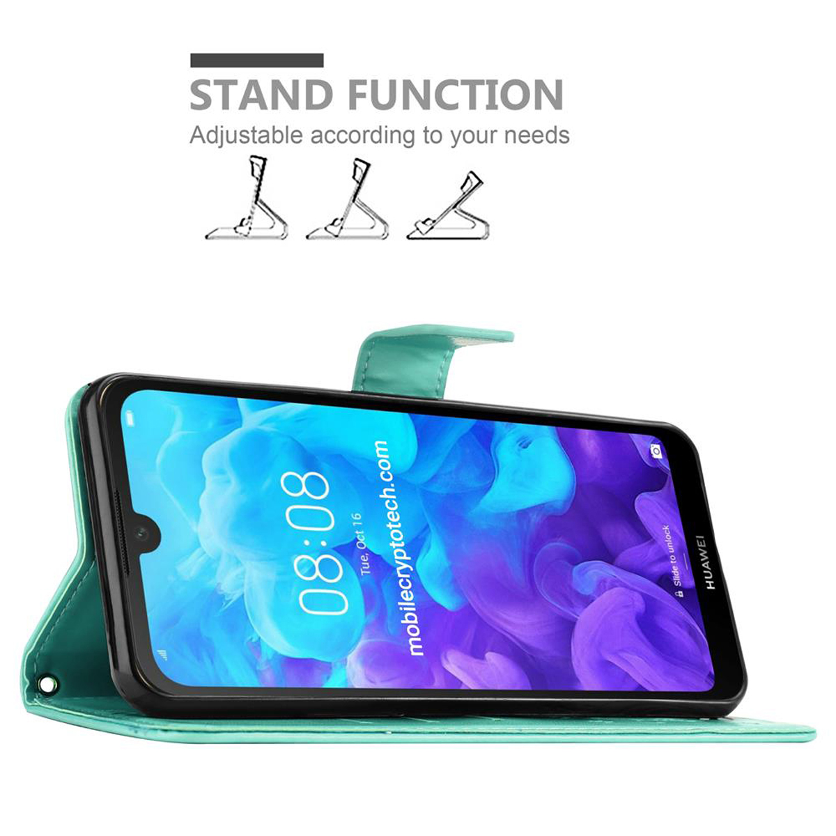 Custodia per telefono verde con telefono all'interno, schermo che mostra l'ora. Testo: "STAND FUNCTION".