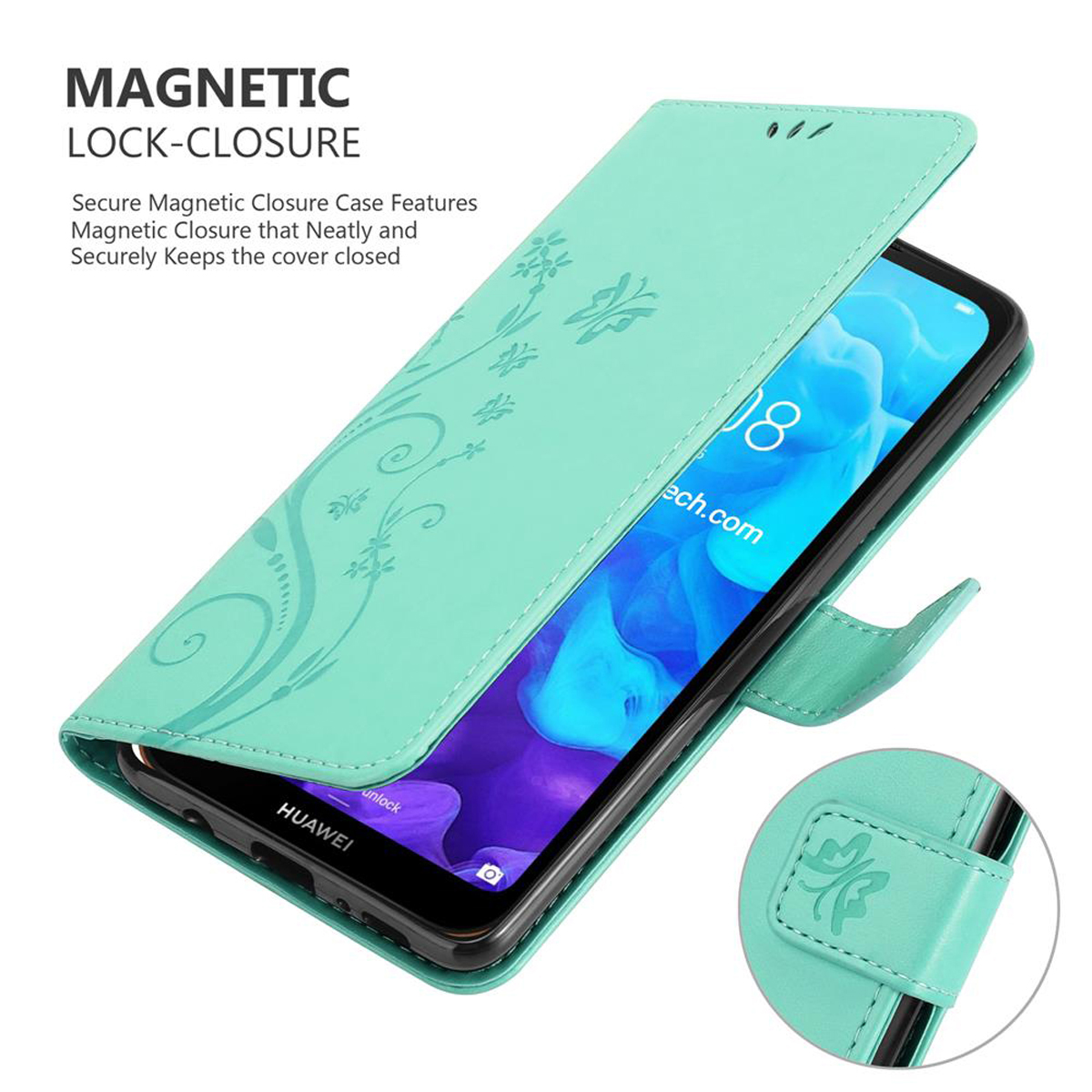 Custodia per telefono verde con un telefono all'interno. Testo: Chiusura magnetica. C'è un design floreale sulla copertina.