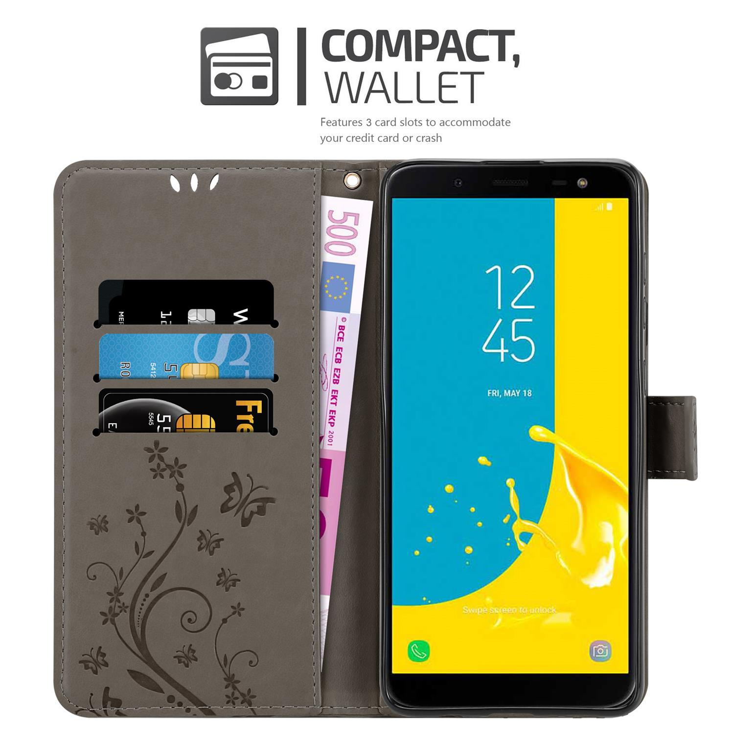 Custodia grigia per telefono con telefono all'interno. La custodia ha slot per carte e una banconota. Testo: 'COMPACT, WALLET' e dettagli.