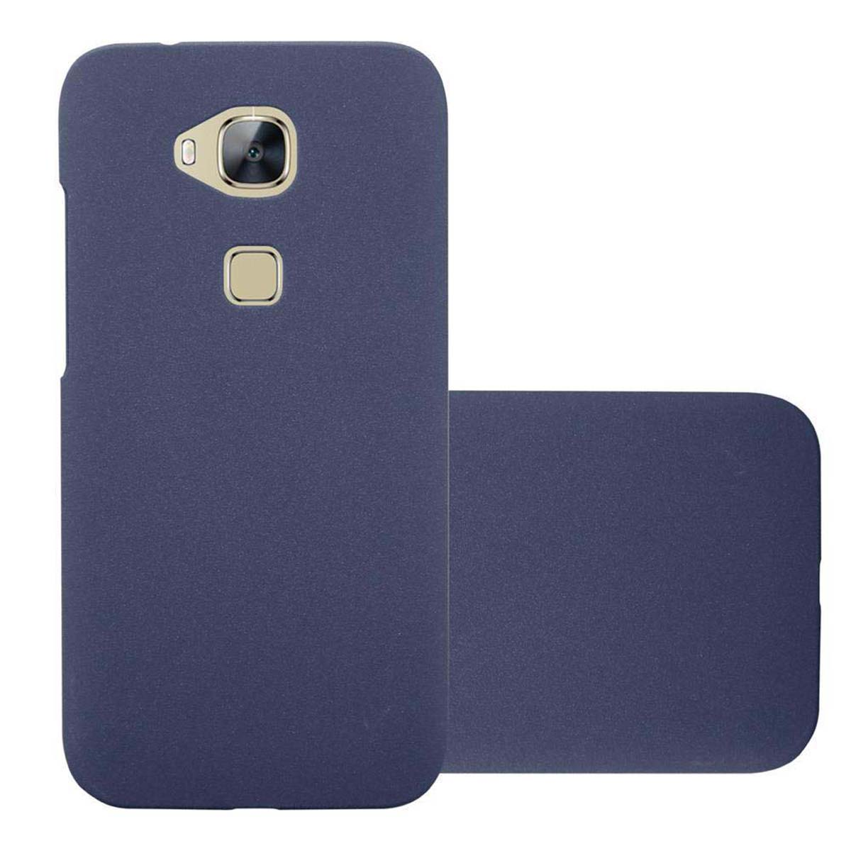 Funda azul con teléfono. El color de la funda es azul.
