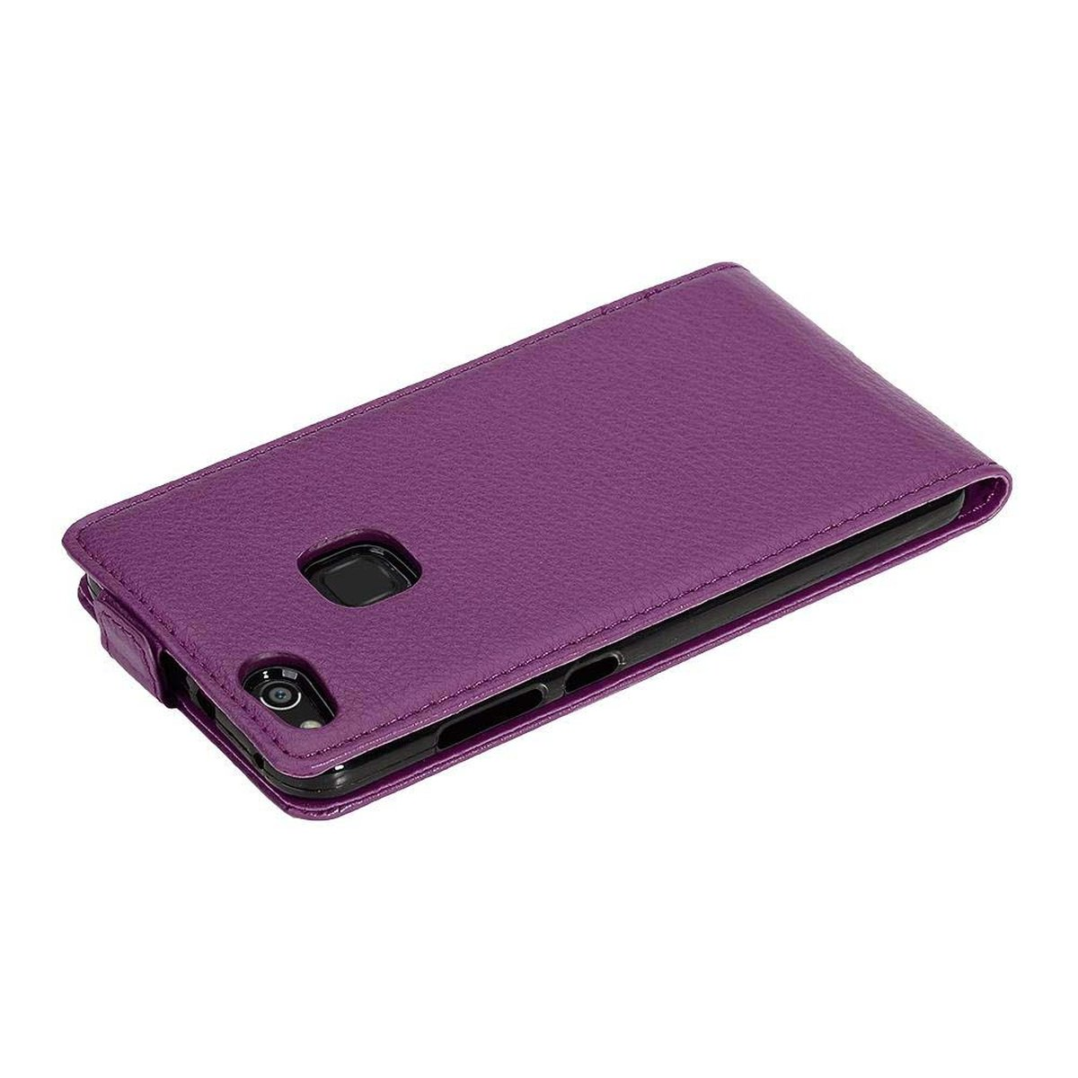 Custodia per telefono viola chiusa. Mostra la fotocamera e il corpo del telefono.