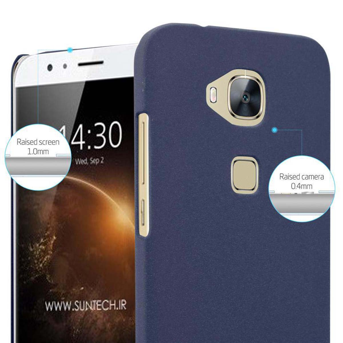 Primer plano de una funda azul marino. Muestra la pantalla del teléfono, la cámara y una pantalla y cámara elevadas.