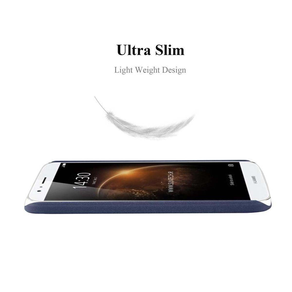Teléfono en una funda azul. Texto: Ultra delgado, diseño ligero. Pluma flotando encima.