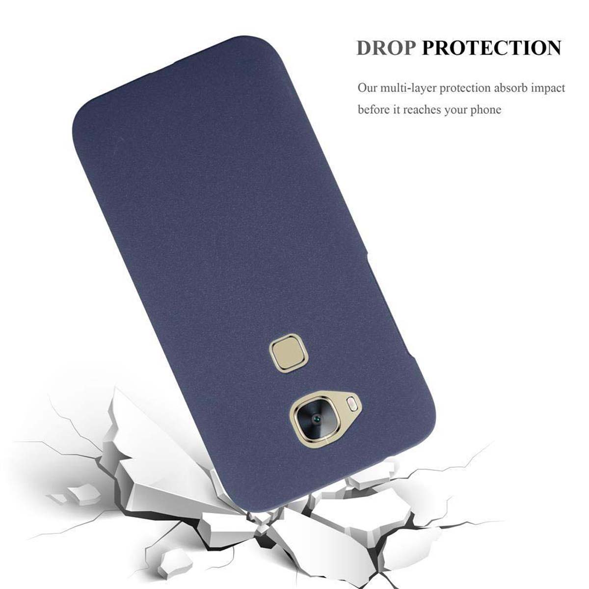 Funda de teléfono azul marino en ángulo. Hormigón agrietado en primer plano, texto de protección contra caídas en el fondo.