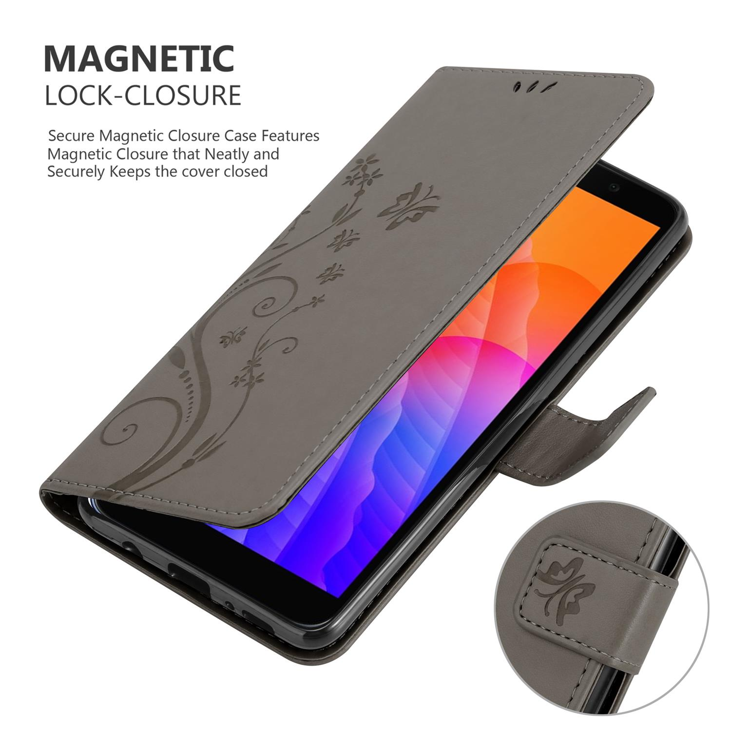 Custodia grigia per telefono con design floreale, aperta che rivela un telefono con schermo colorato. Chiusura magnetica.