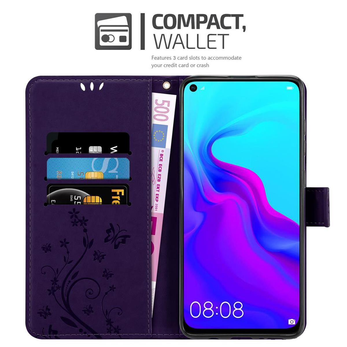 Custodia per telefono viola aperta con telefono, carte e denaro. Il telefono mostra l'ora.