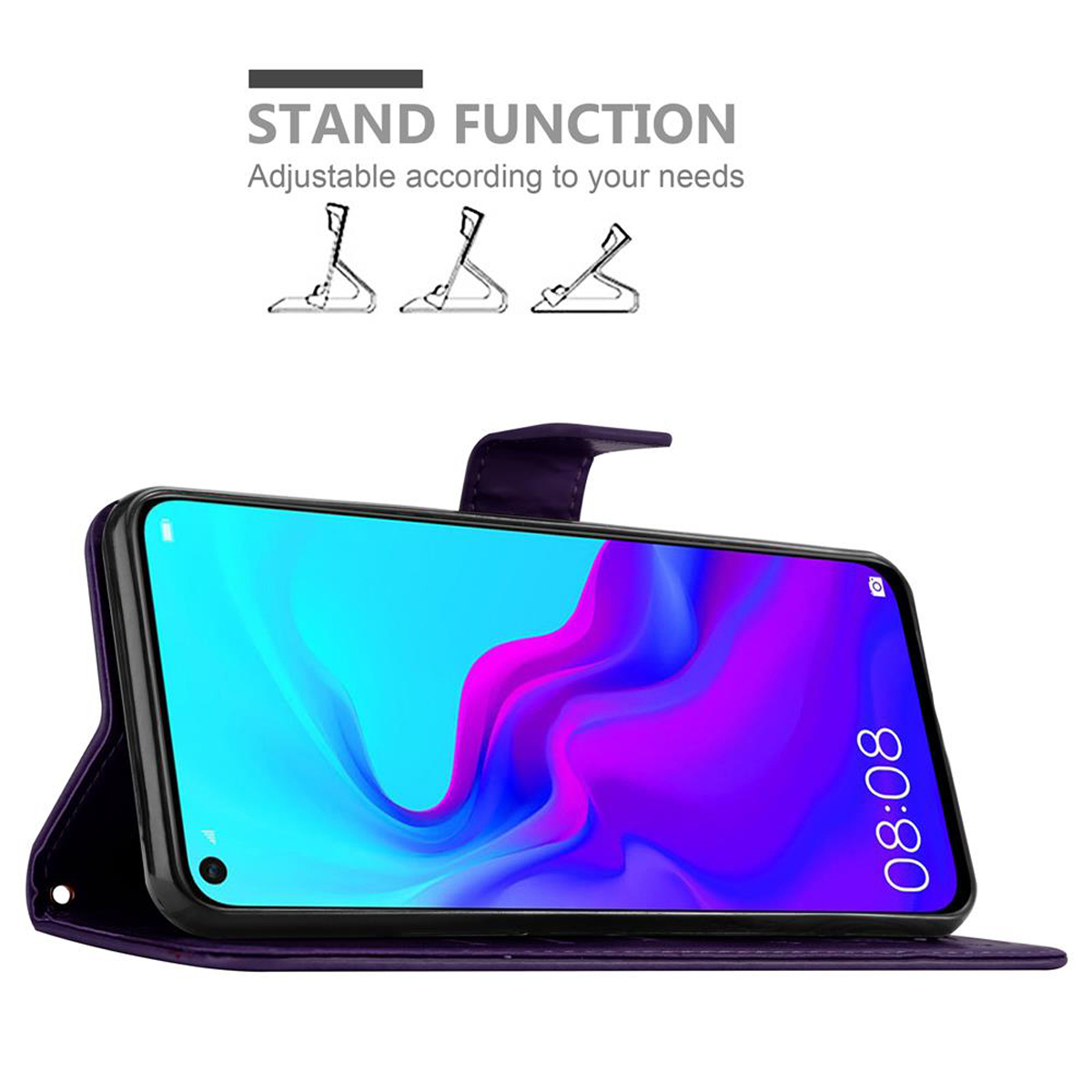 Custodia viola per telefono con telefono all'interno, che mostra schermo colorato e funzione supporto.