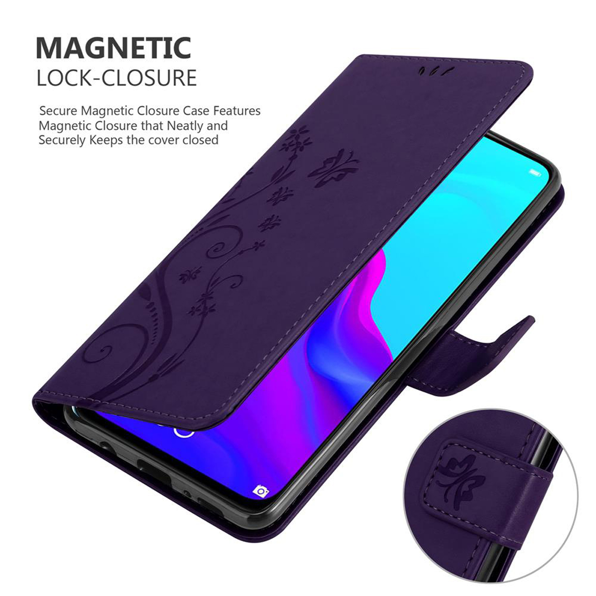Una custodia viola per telefono è aperta, rivelando il telefono. La custodia ha un design floreale e una chiusura magnetica.