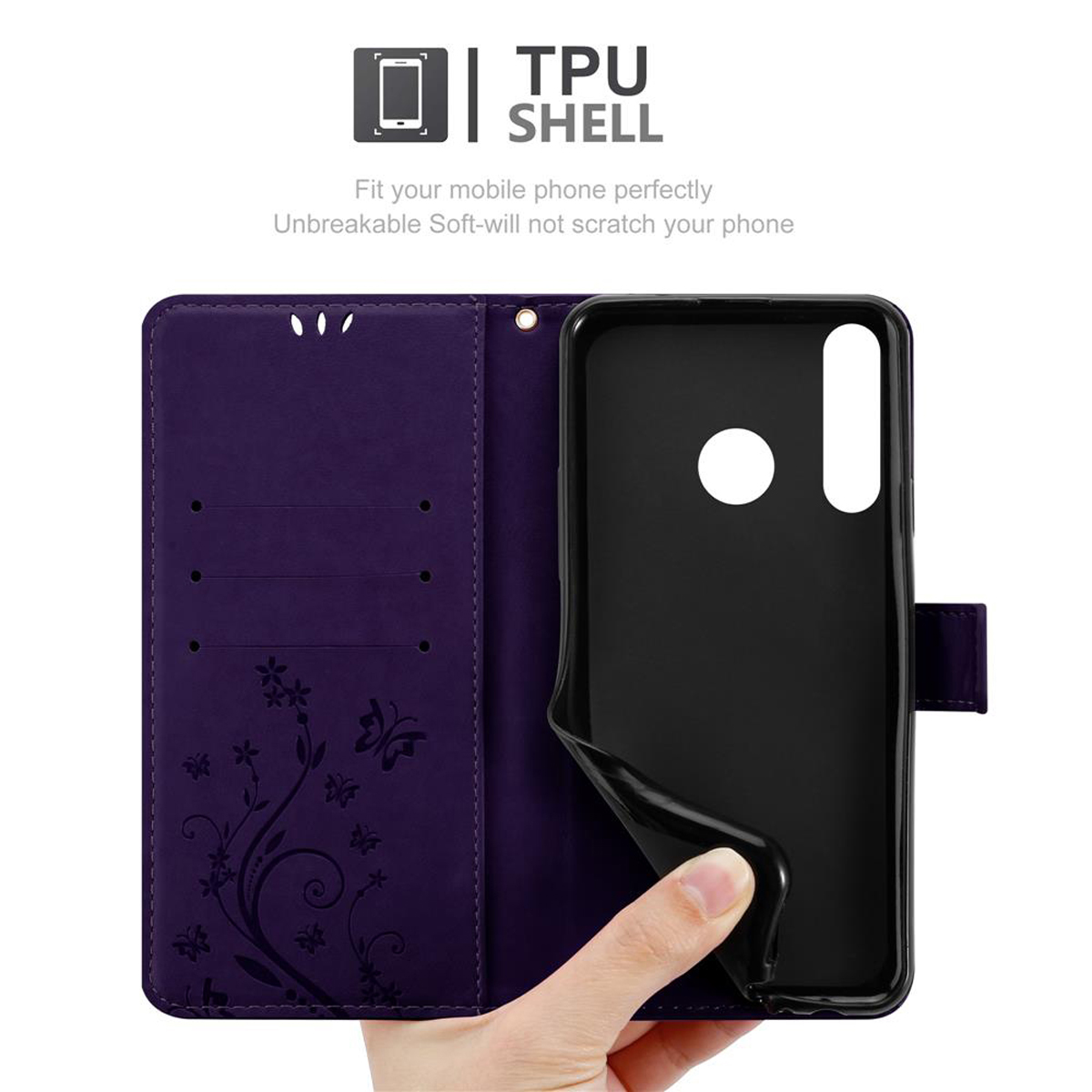 Custodia per telefono viola con farfalle e fiori. Una mano tiene un telefono nero all'interno della custodia.